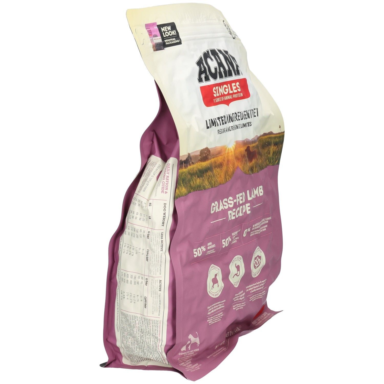 Hundefutterbeutel ACANA SINGLES, Grasgefüttertes Lamm-Rezept. Seitenansicht. Enthält 50% Lamm, 50% Gemüse & Obst, 0% Getreide. Text und Abbildungen.