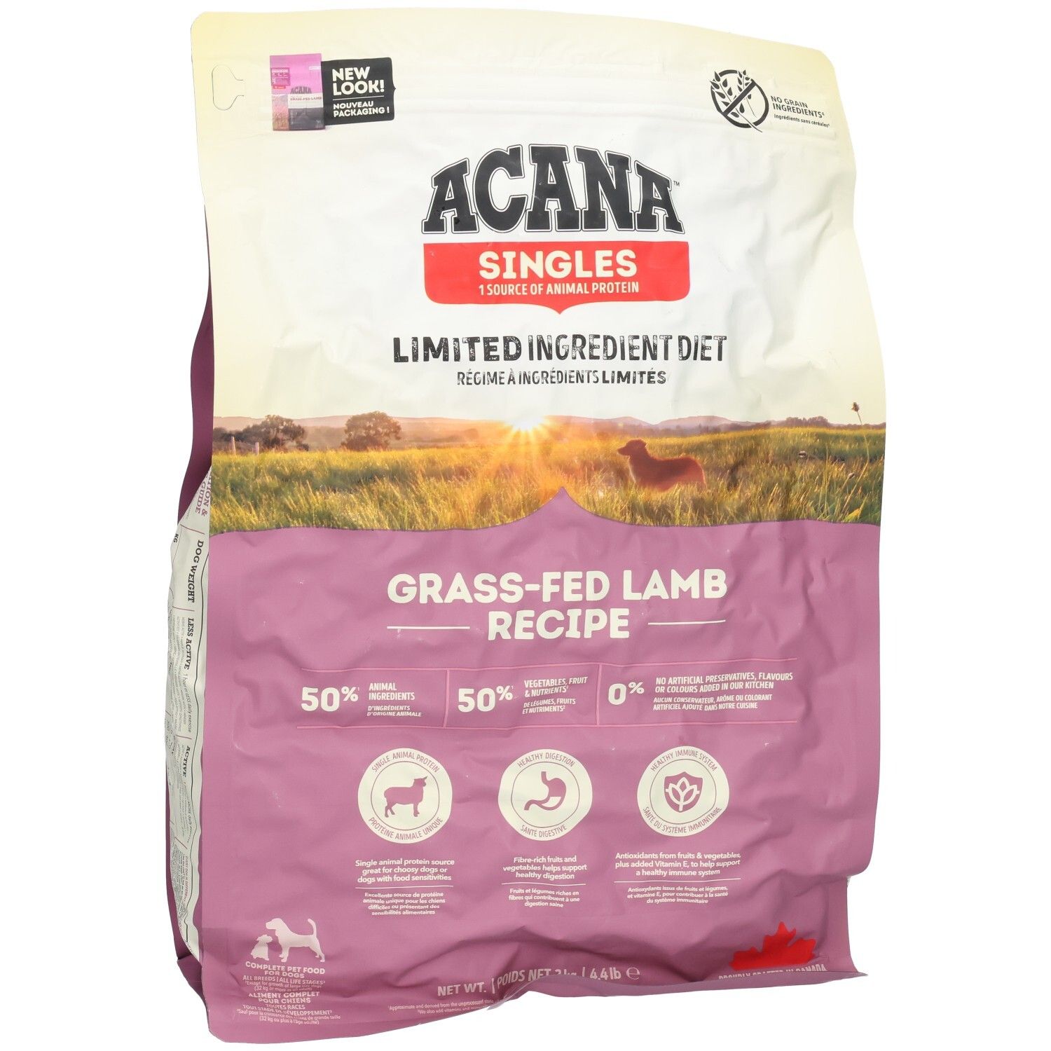 ACANA Singles nourriture pour chien, recette d'agneau nourri à l'herbe, régime à ingrédients limités.