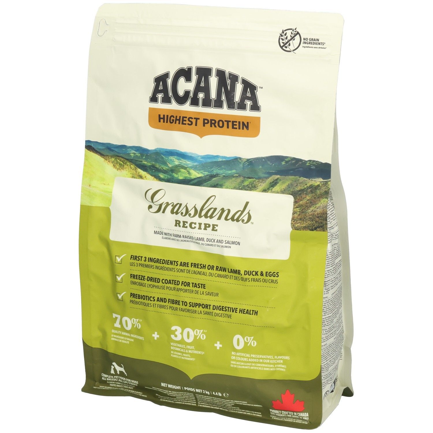 Sac de nourriture pour chien ACANA Grasslands avec motif de paysage de montagne.