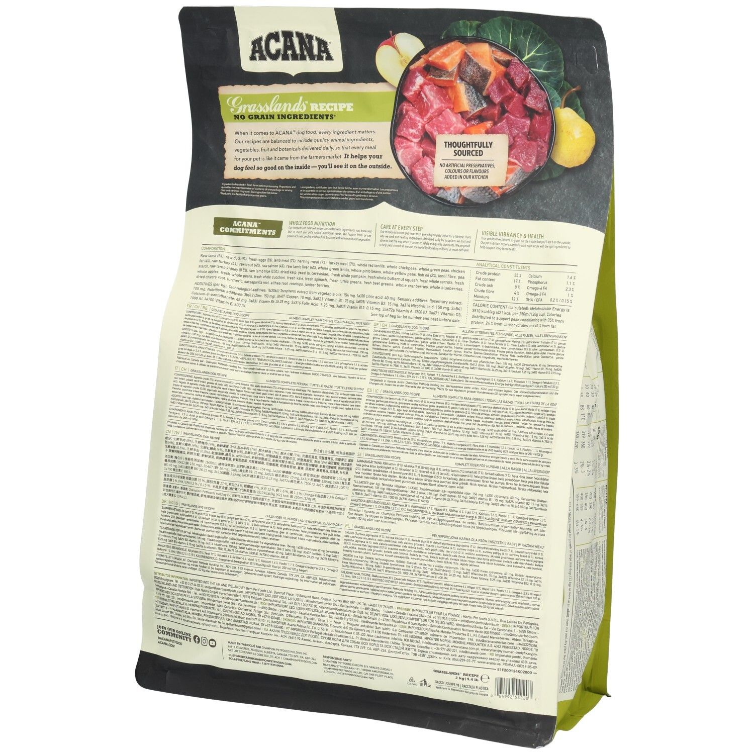 Arrière du sac de nourriture pour chien ACANA Grasslands avec ingrédients et image de viande.