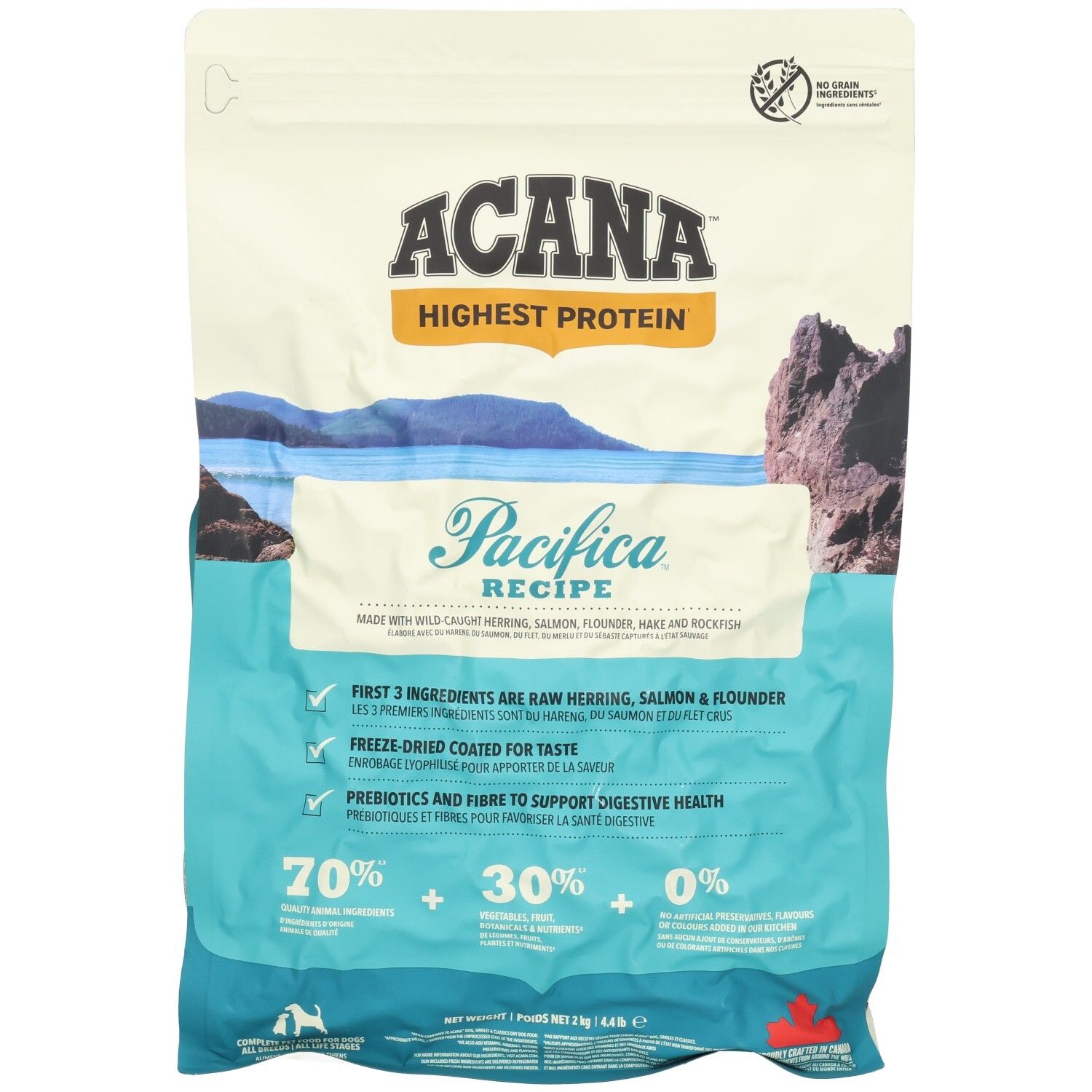 ACANA Pacifica Hundefutterbeutel. Hauptmerkmale: höchster Proteingehalt, 70% Fisch, 30% Gemüse, 0% Getreide. Enthält Hering, Lachs, Flunder.