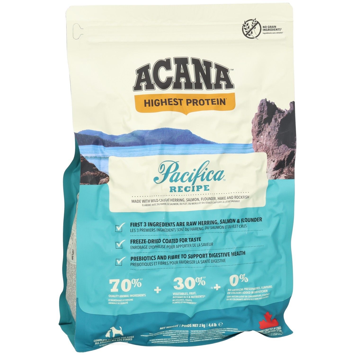 ACANA Pacifica Hundefutterbeutel. Hauptmerkmale: höchster Proteingehalt, 70% Fisch, 30% Gemüse, 0% Getreide. Enthält Hering, Lachs, Flunder.