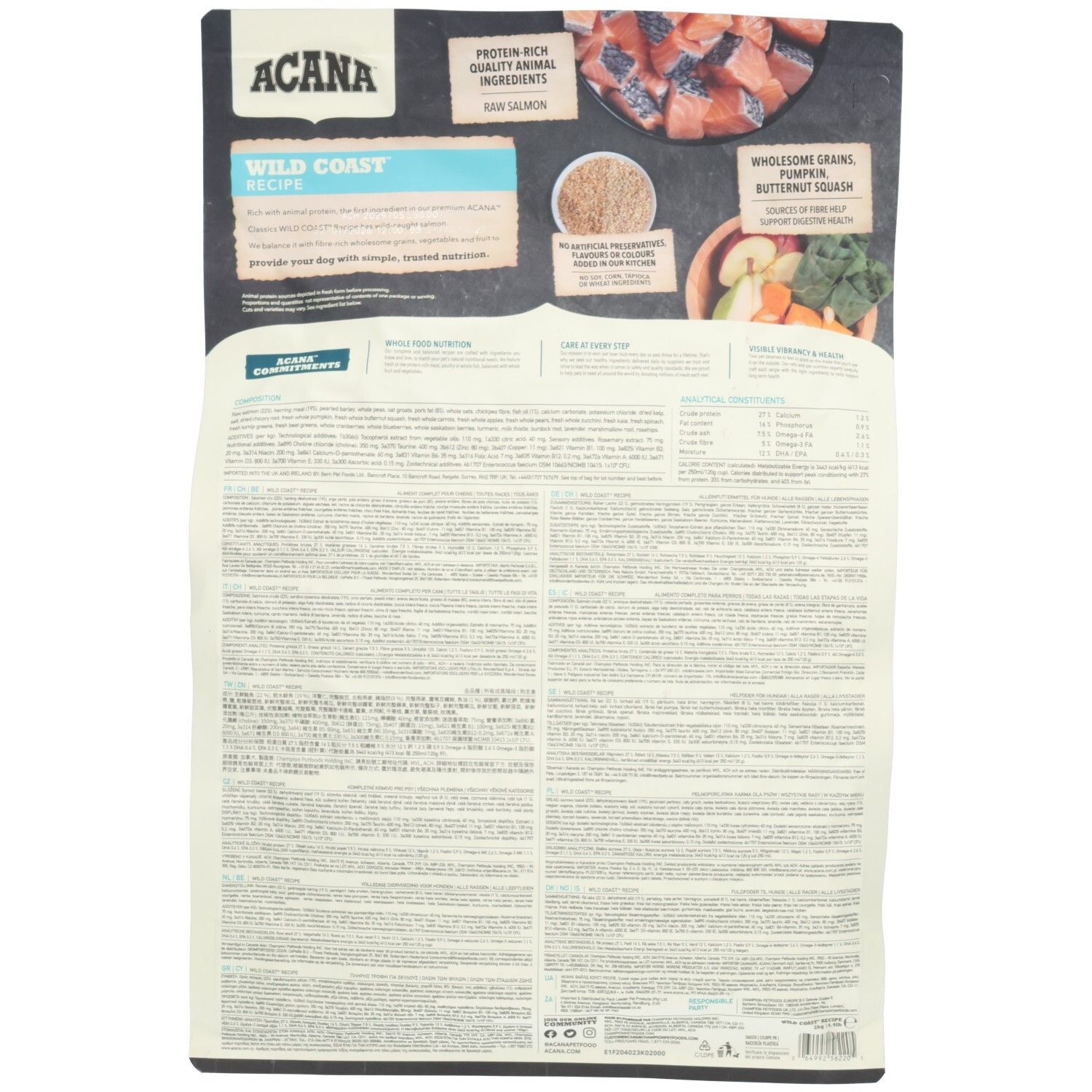 Arrière d'un sac de nourriture pour chien ACANA CLASSICS WILD COAST avec informations nutritionnelles détaillées, ingrédients et instructions.