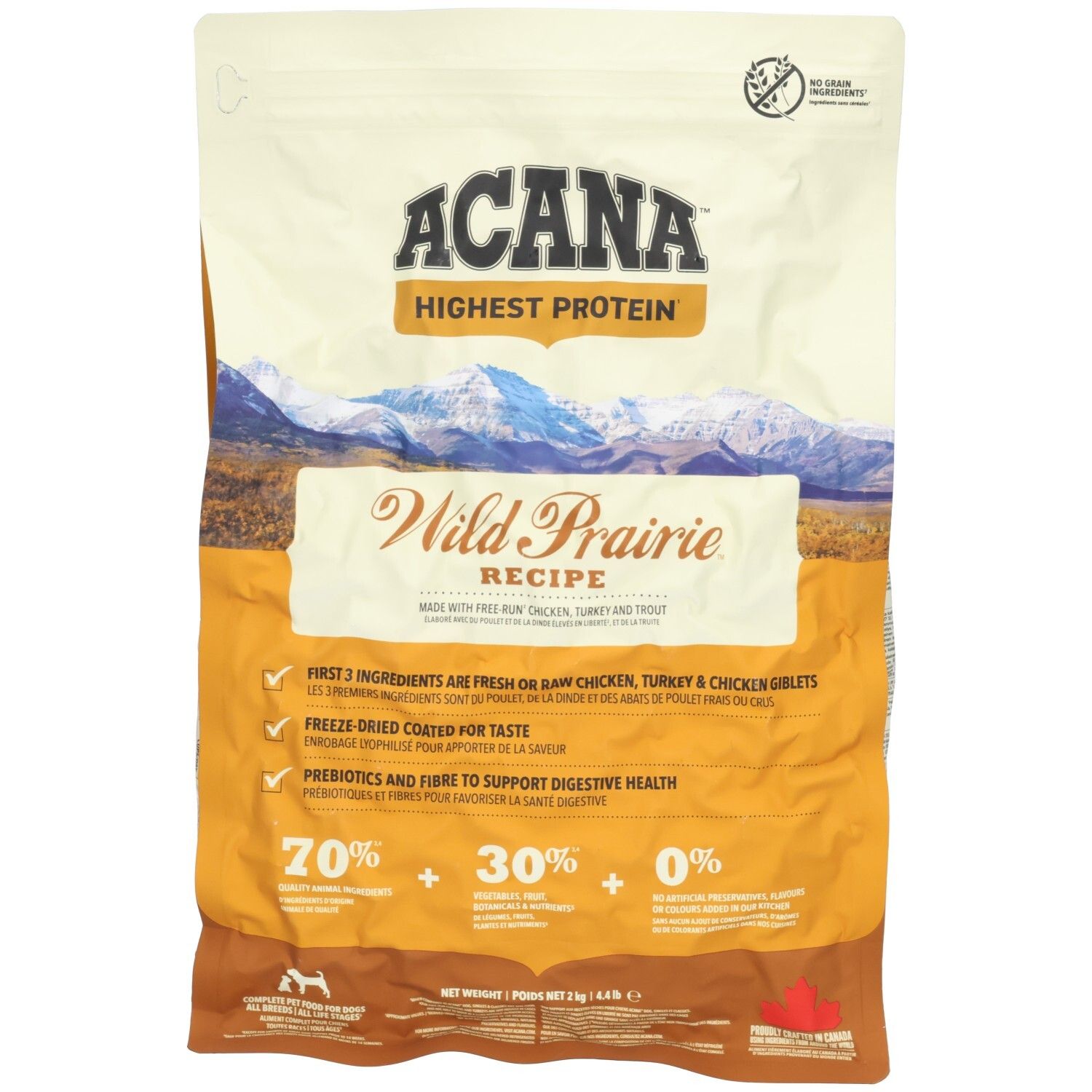 ACANA Wild Prairie nourriture pour chien : sac de 2kg avec paysage de montagne et mention "Highest Protein".