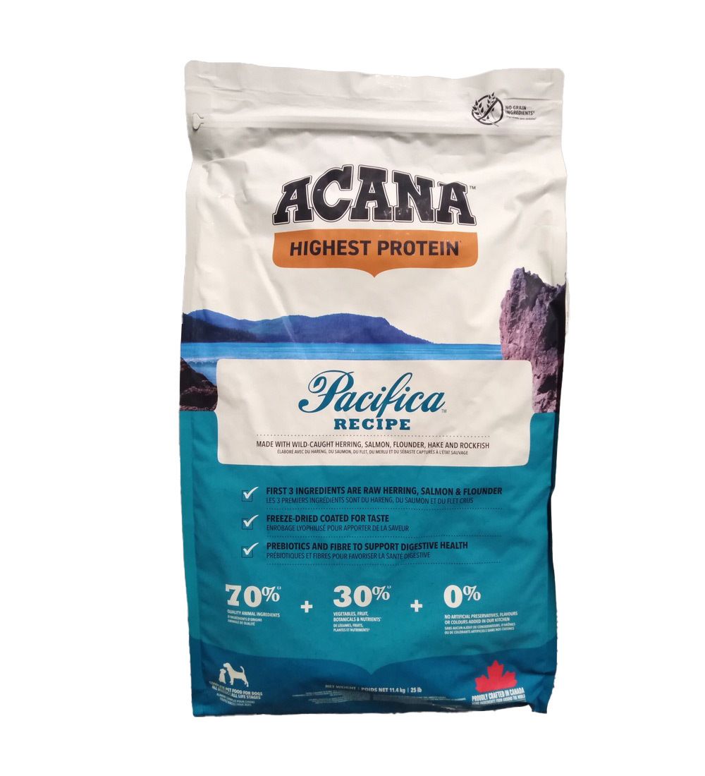 Sac de nourriture pour chiens "ACANA". Inscription "Highest Protein" et "Pacifica Recipe". Fond bleu avec motif côtier.
