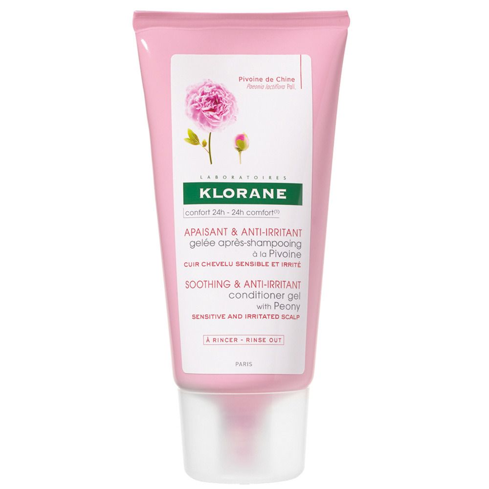 Rosa Tube mit weißem Etikett. Text: KLORANE, Apsaisant & Anti-Irritant, Gelée après-shampooing à la Pivoine. Abbildung einer Pfingstrose.