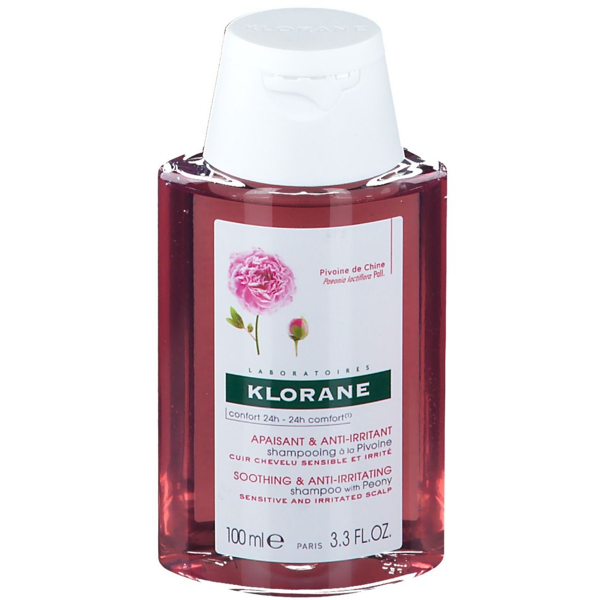 KLORANE Shampoo mit Pfingstrose. Flasche mit weißem Deckel. Etikett mit Produktinformationen und Pfingstrose-Illustration.
