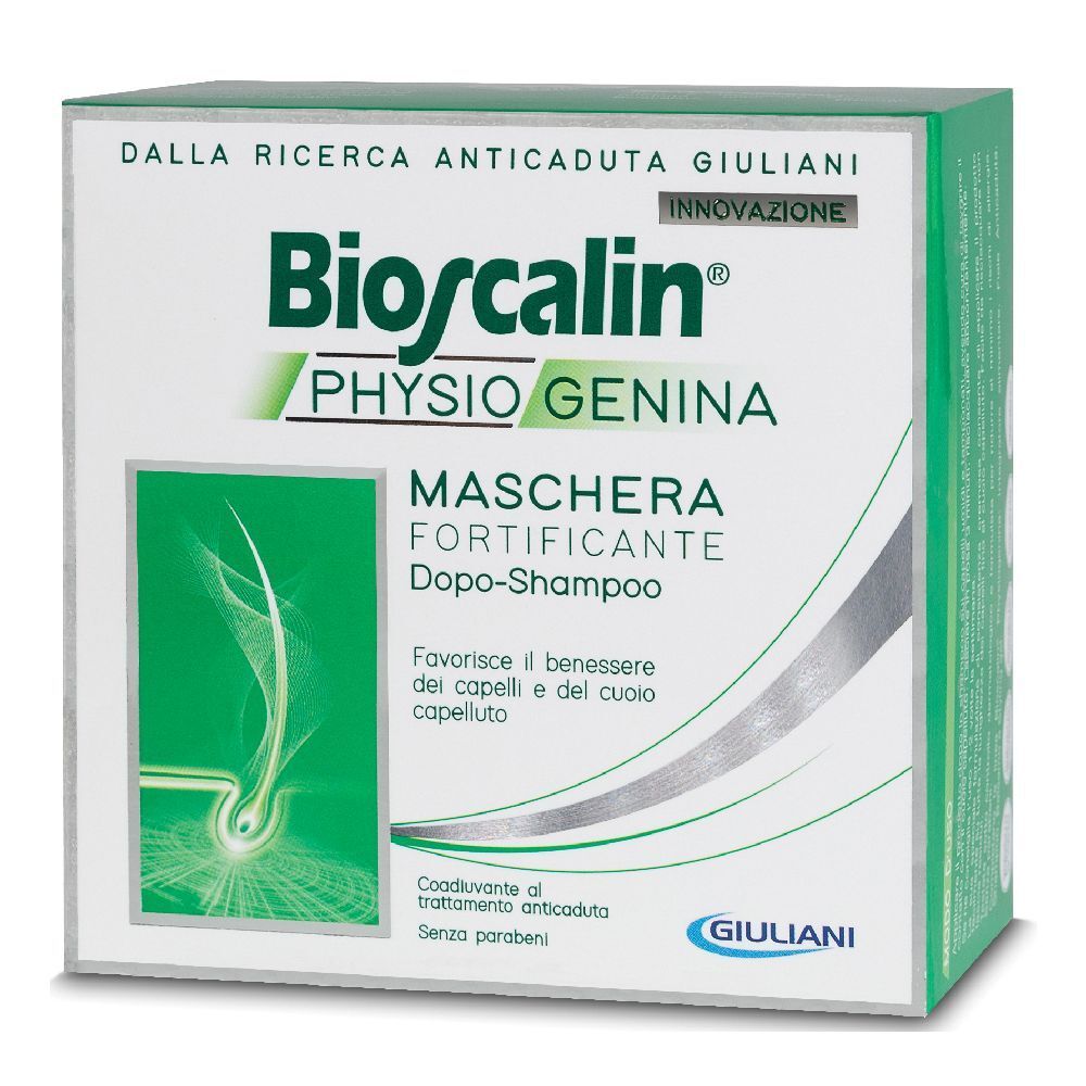 Boîte de masque capillaire Bioscalin® Physiogenina. Design vert et blanc avec nom et logo du produit.