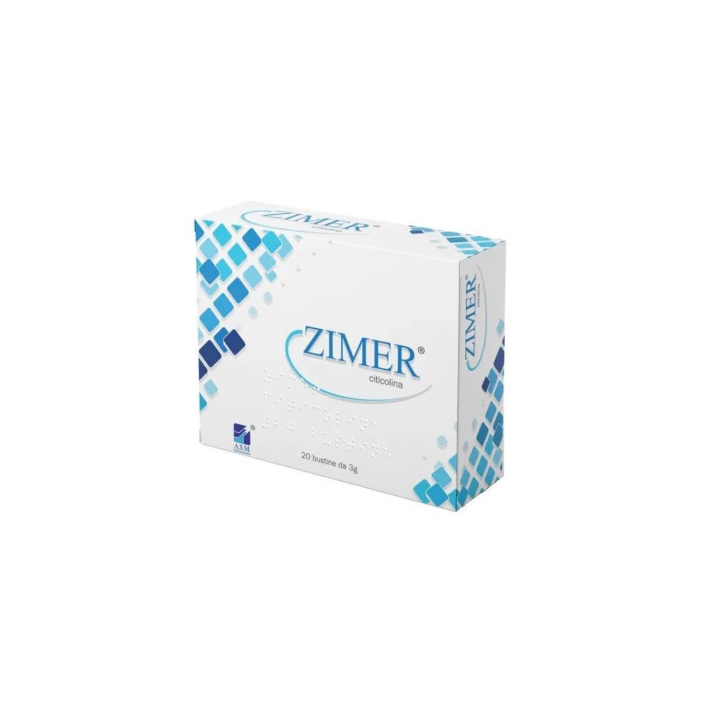 Boîte blanche avec motif bleu et texte ZIMER citicolina. 20 sachets, 3g. Logo ASM Farmaceutici.