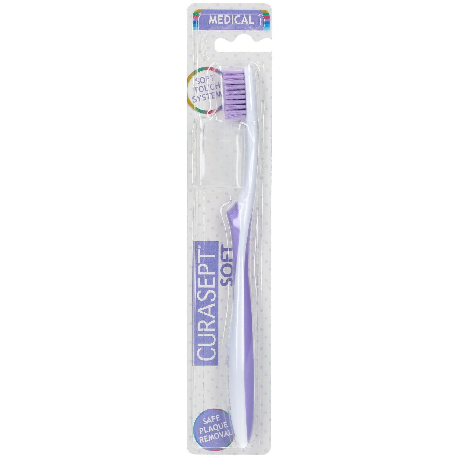 Brosse à dents violette et blanche, emballée. "Curasept Soft" et "Medical" sur l'emballage.