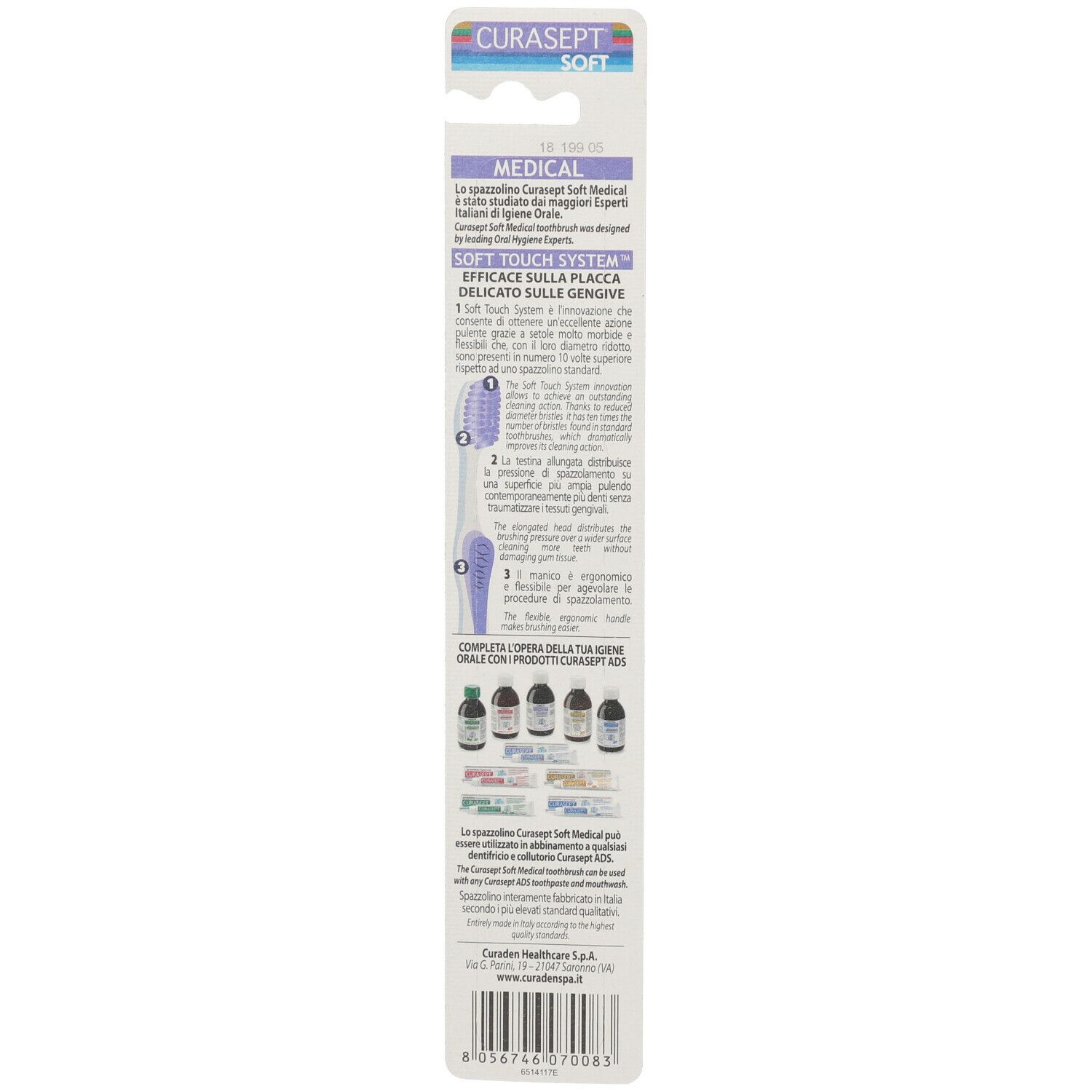 Dos de l'emballage de la brosse à dents. Texte en italien, illustrations de produits et code-barres.