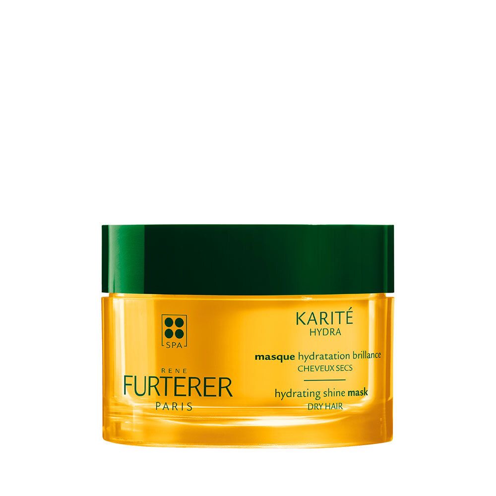 Pot de crème jaune avec couvercle vert. Inscription : Karité Hydra, masque hydratation brillance, cheveux secs, hydrating shine mask, dry hair.