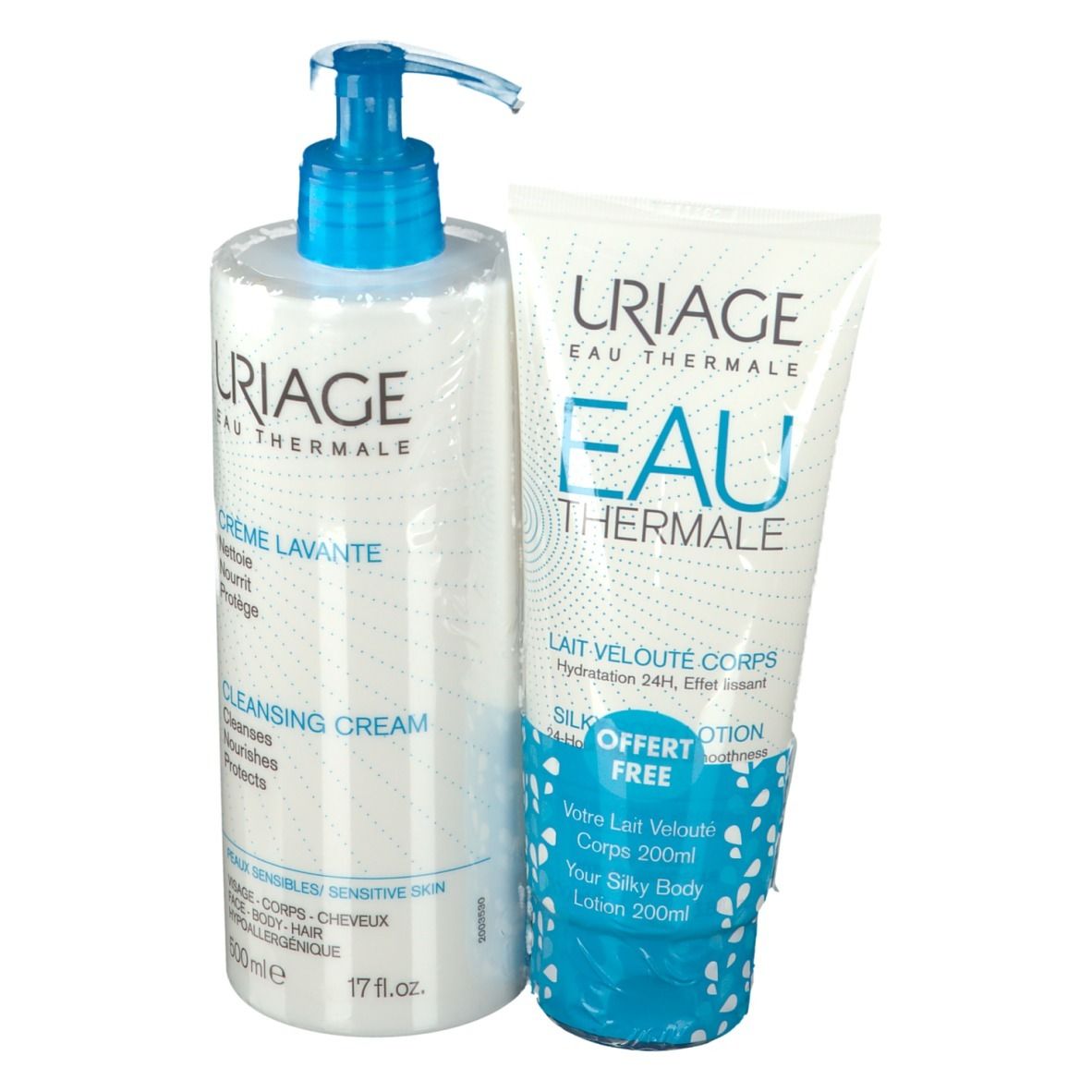 Zwei Produkte in Folie verpackt. Links: Flasche Reinigungscreme. Rechts: Tube Körpermilch. Beide mit URIAGE-Logo.