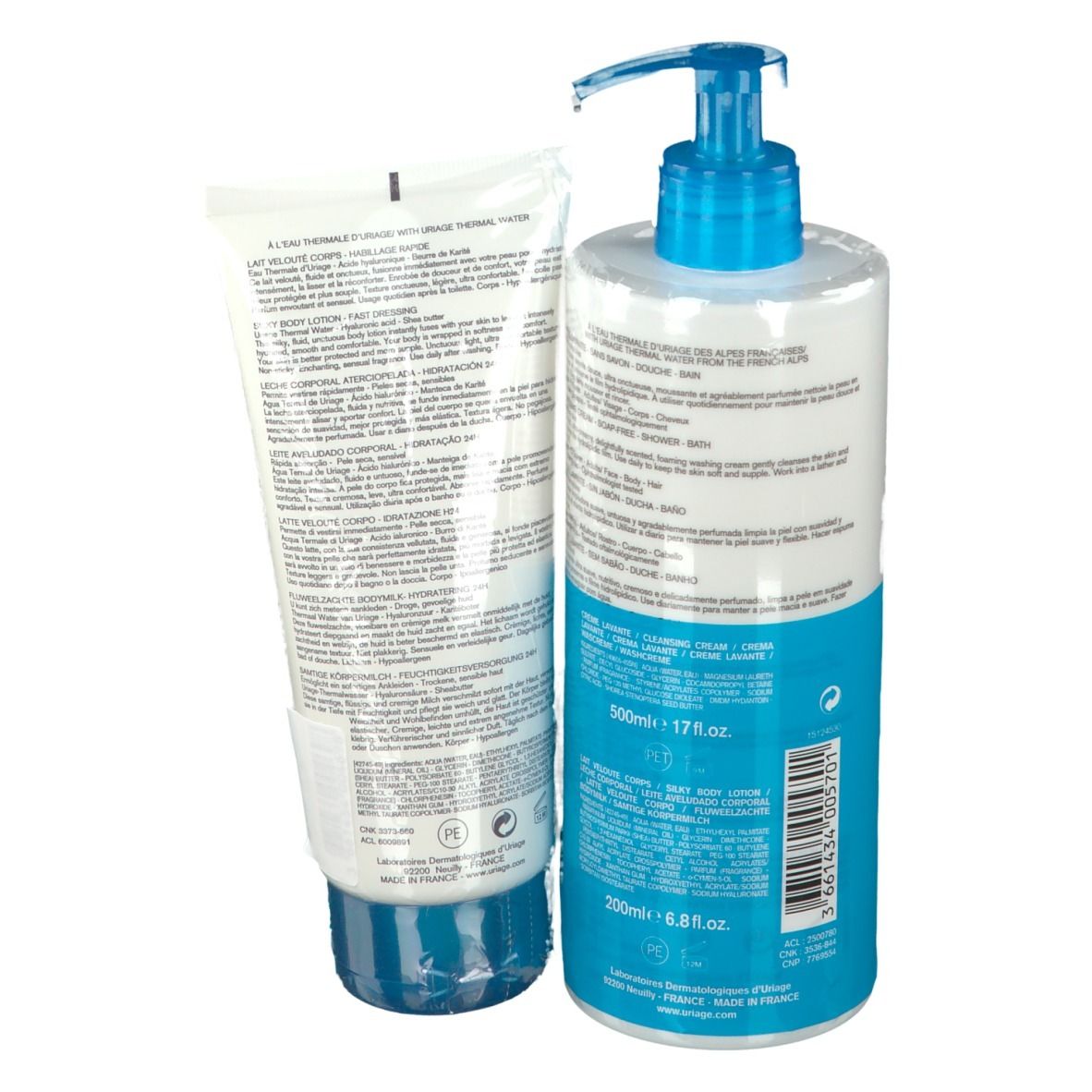 Rückseite von Tube und Flasche. Tube: Körpermilch. Flasche: Reinigungscreme. Beide mit Produktinformationen und blauen Details.