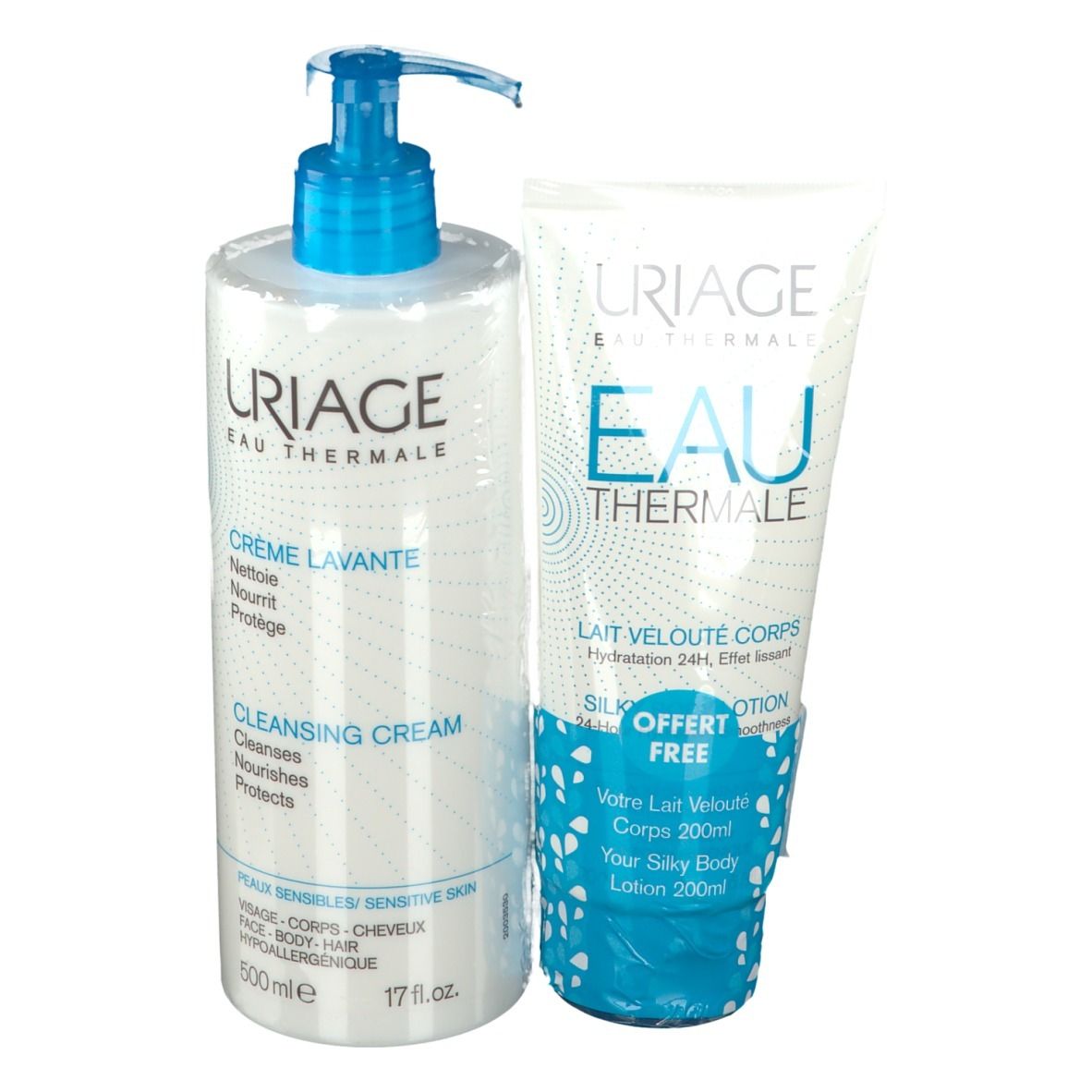 Zwei Produkte: Flasche Reinigungscreme und Tube Körpermilch. Beide mit URIAGE-Logo und blauen Akzenten.