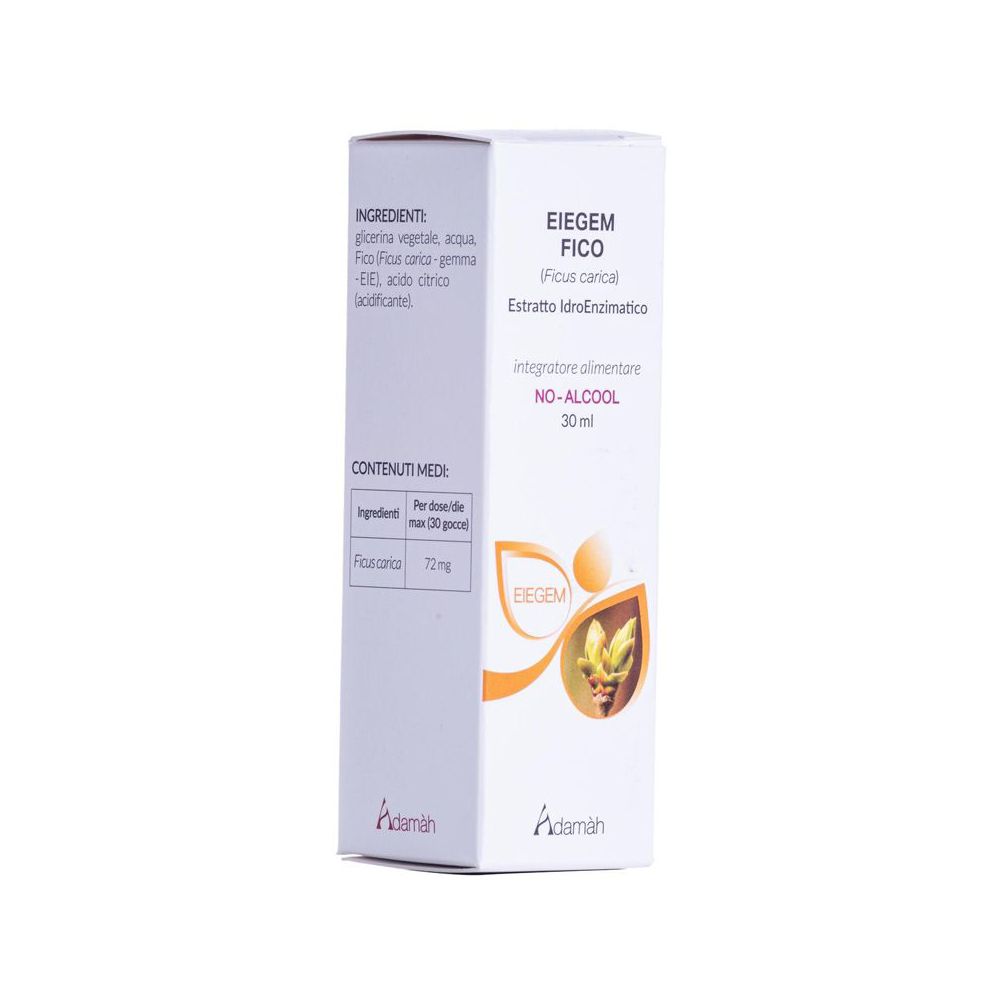 Weißer Karton mit Produktinformationen. Aufschrift: EIEGEM FICO, 30 ml, NO-ALCOOL. Logo Adamàh.