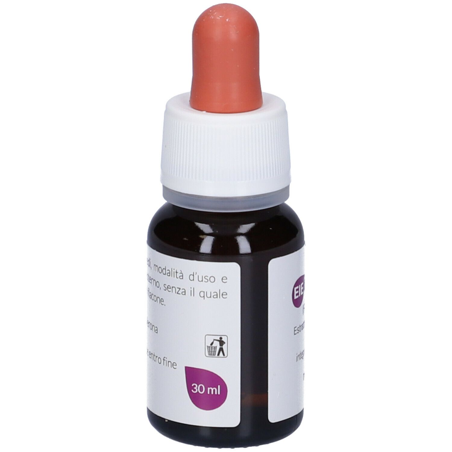 Braune Glasflasche mit Tropfer. Aufschrift: EIEGEM, 30 ml. Roter Gummiaufsatz.