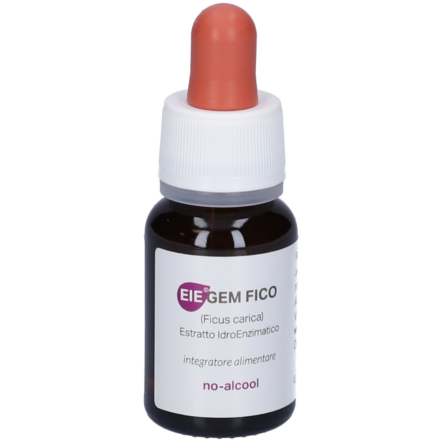 Braune Glasflasche mit Tropfer. Aufschrift: EIEGEM FICO, 30 ml. Roter Gummiaufsatz. Produktinformationen.
