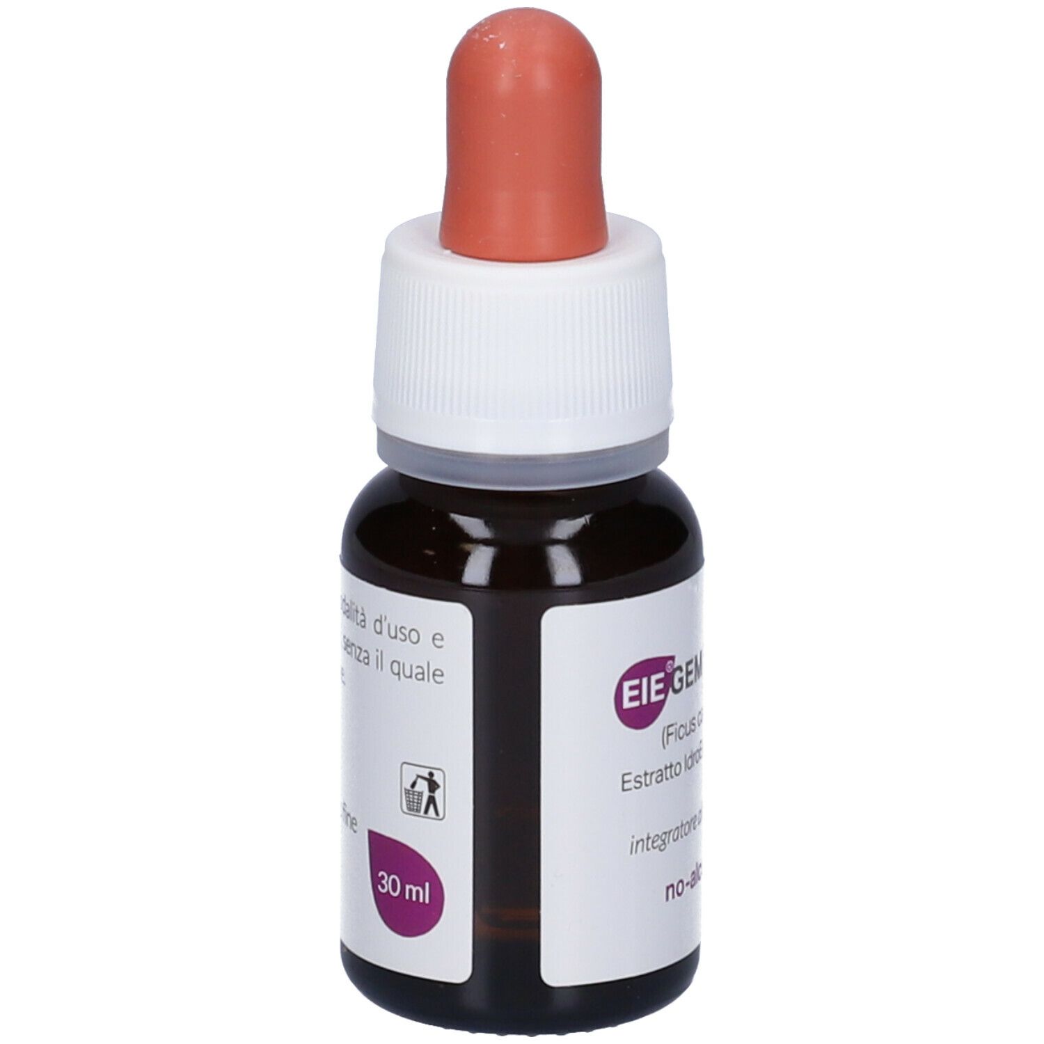Braune Glasflasche mit Tropfer. Aufschrift: EIEGEM, 30 ml. Roter Gummiaufsatz. Produktinformationen.