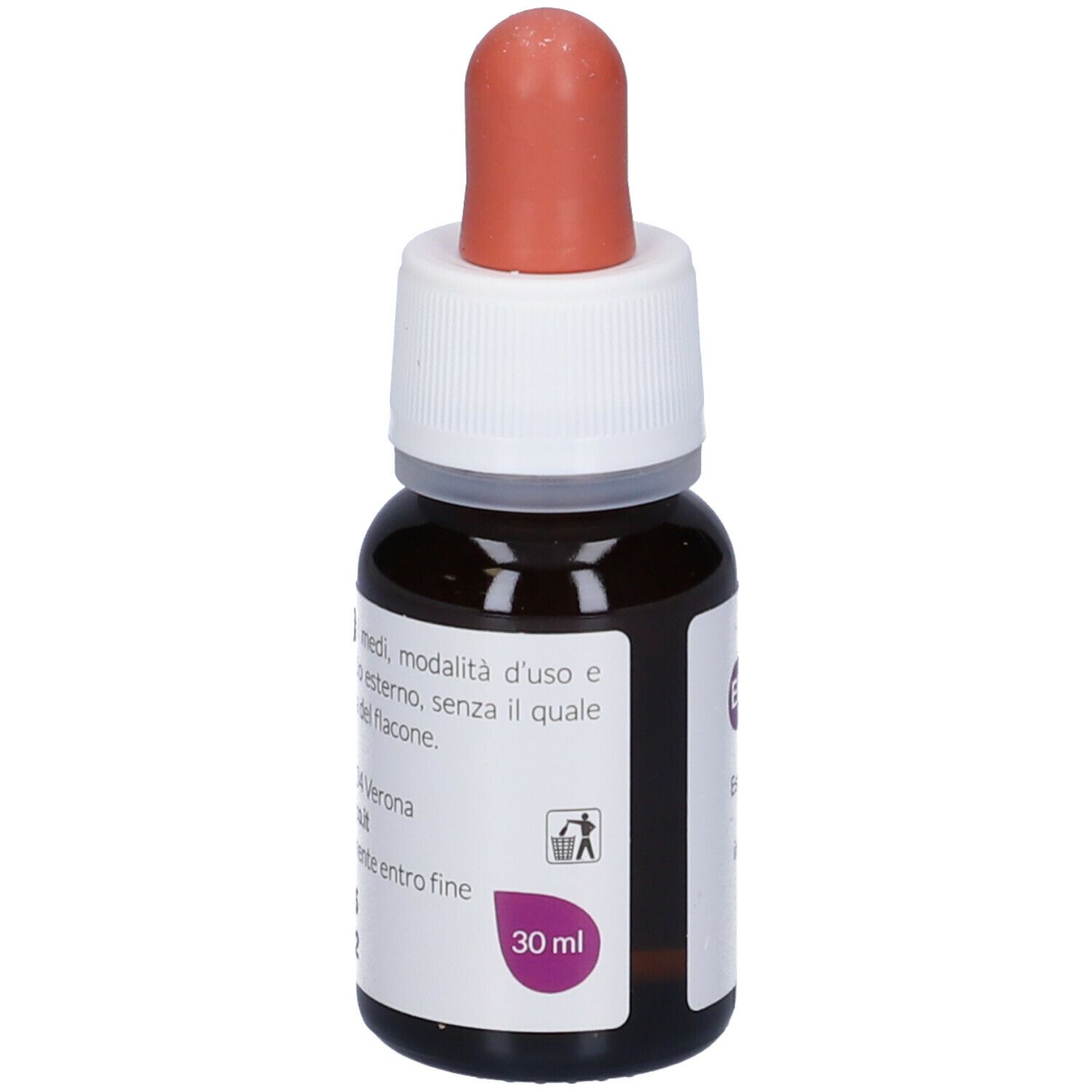 Braune Glasflasche mit Tropfer. Aufschrift: EIEGEM, 30 ml. Roter Gummiaufsatz. Produktinformationen.