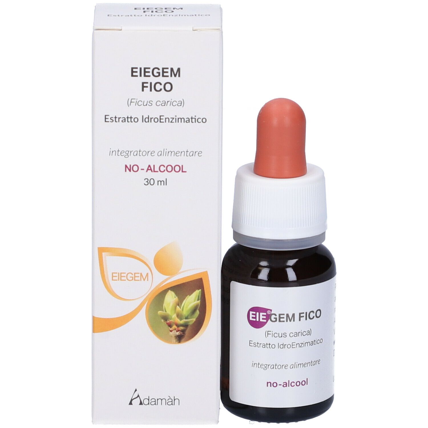 Produktverpackung und Flasche. Aufschrift: EIEGEM FICO, 30 ml, NO-ALCOOL. Braune Flasche mit Tropfer.