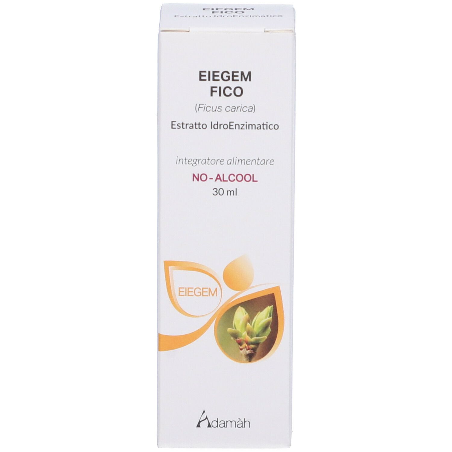 Weißer Karton mit Produktinformationen. Aufschrift: EIEGEM FICO, 30 ml, NO-ALCOOL. Logo Adamàh.