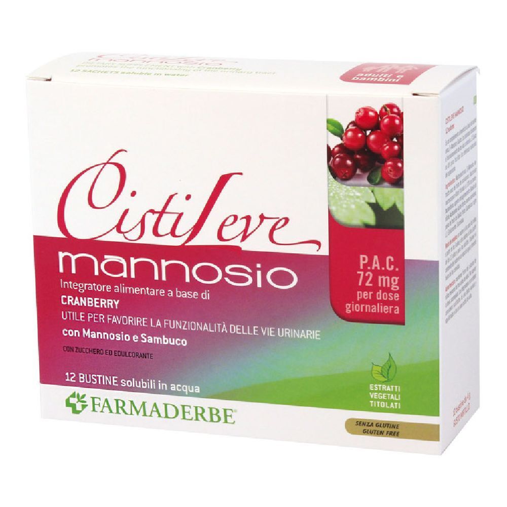 Karton mit Produktaufdruck. Aufschrift: Cistileve Mannosio, Cranberry, 12 Beutel. Abbildung von Cranberrys.