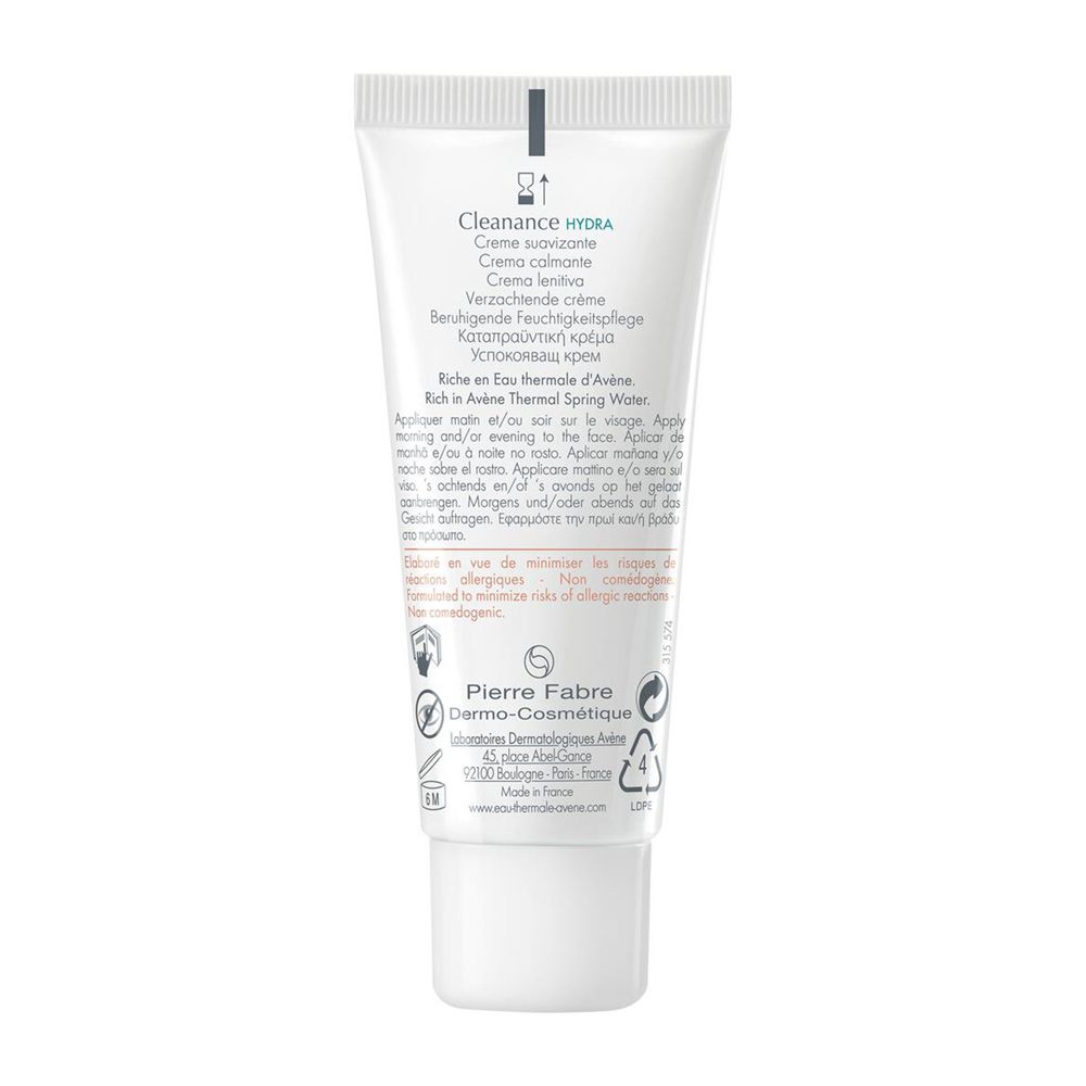 Arrière d'un tube Avène Cleanance Hydra avec instructions d'utilisation.