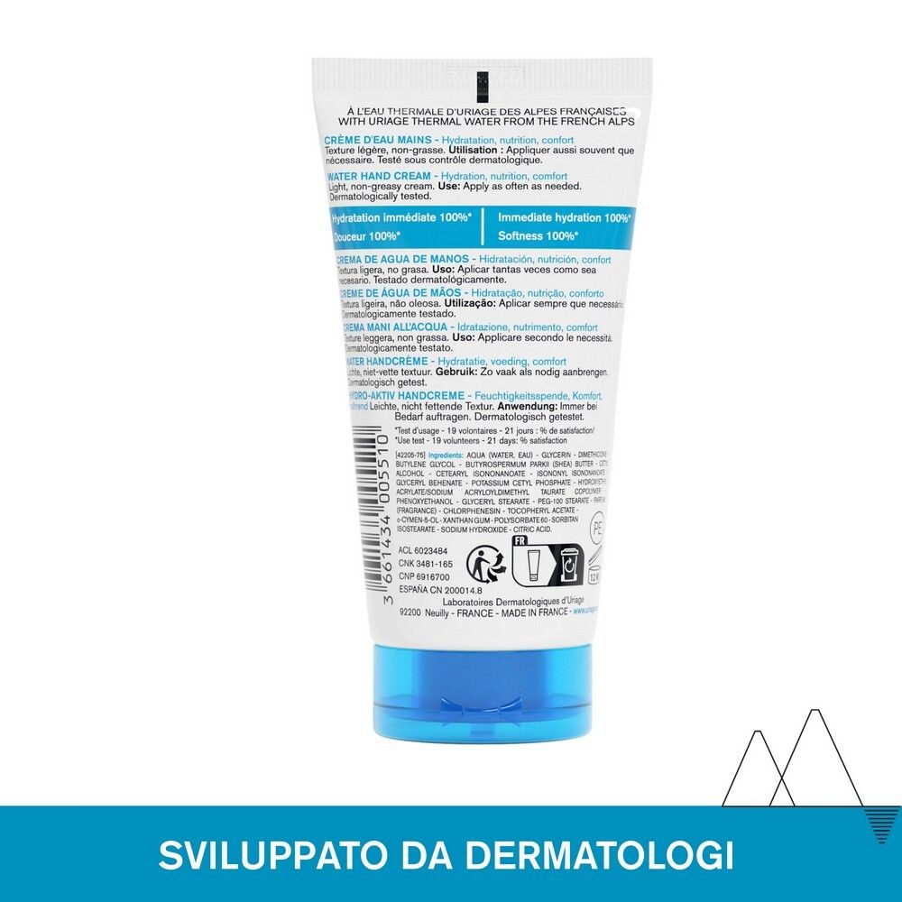Dos du tube de crème pour les mains. Informations produit multilingues. Ingrédients, adresse du fabricant et logos.