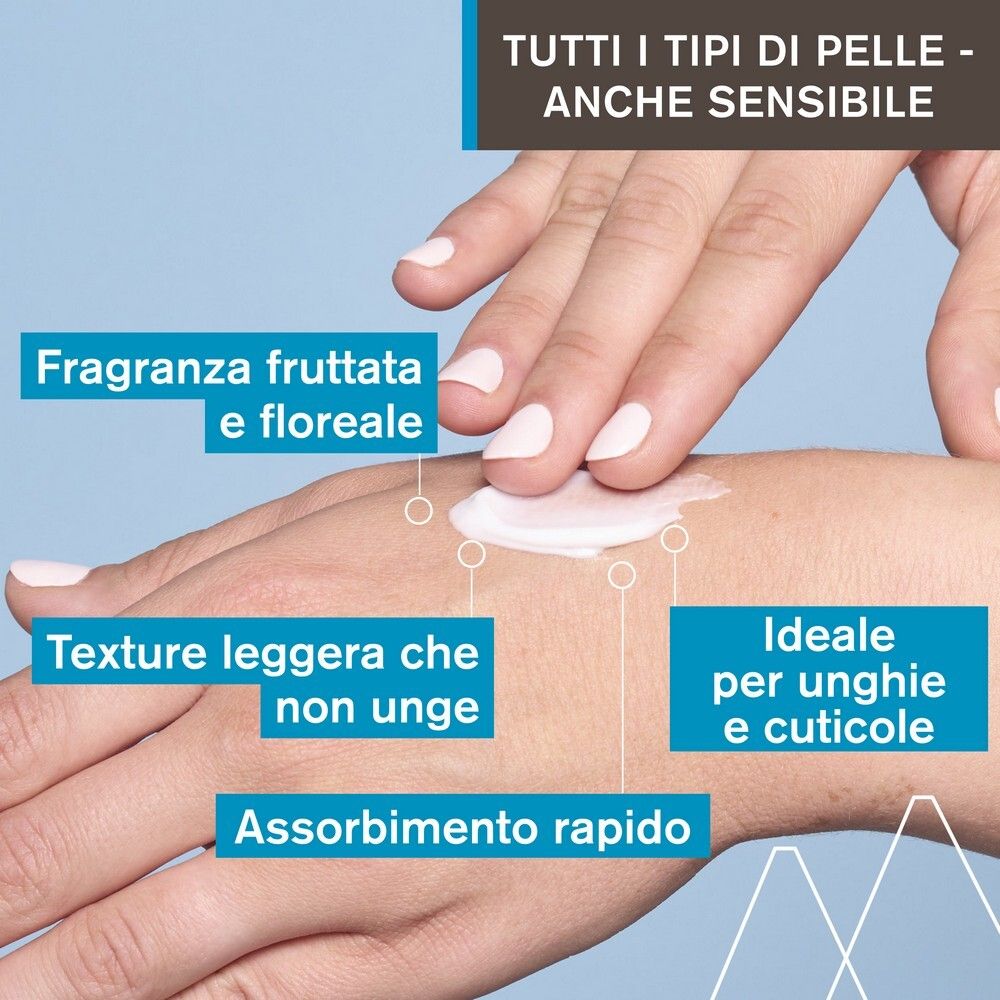 Main avec crème. Texte: Parfum fruité et floral, texture légère, absorption rapide, idéal pour les ongles et cuticules.