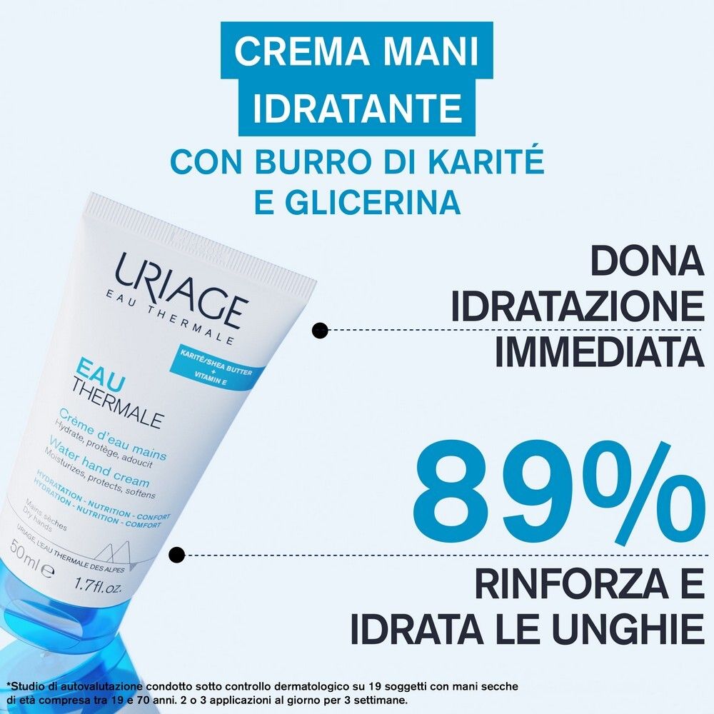 Tube de crème pour les mains avec texte: Crème hydratante pour les mains avec beurre de karité et glycérine. 89% renforce et hydrate les ongles.