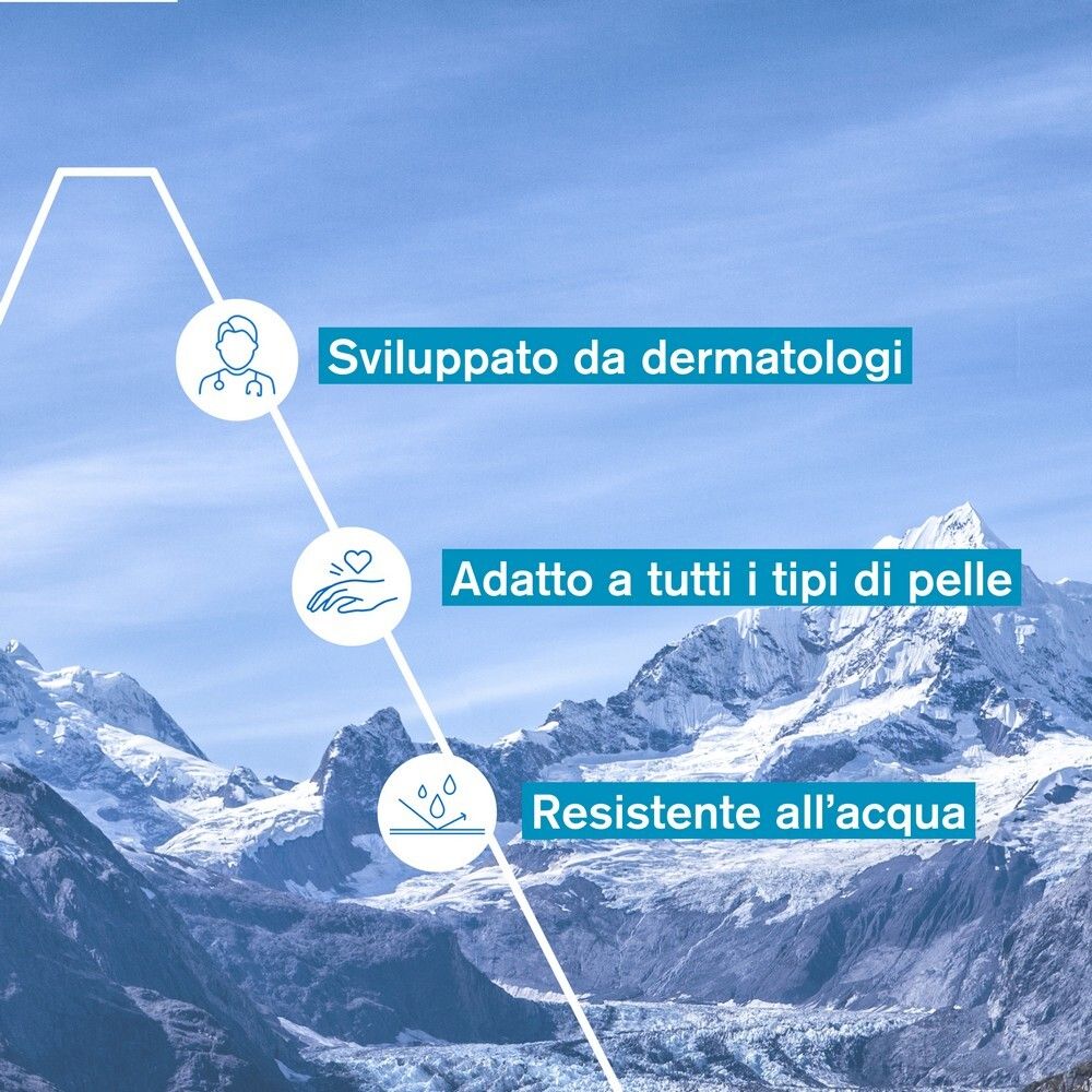 Graphique avec texte: Développé par des dermatologues, convient à tous les types de peau, résistant à l'eau.