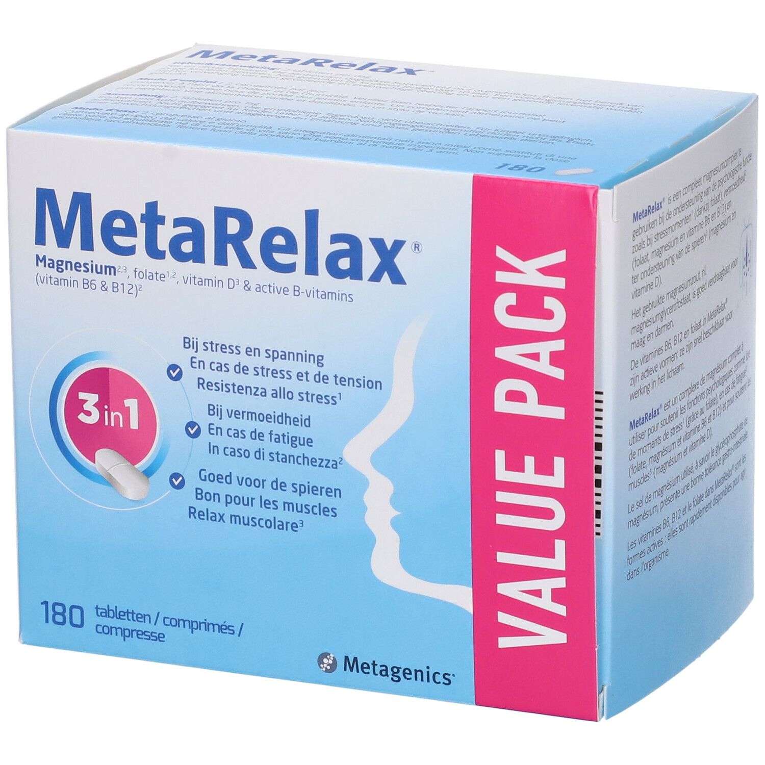 MetaRelax-Verpackung. Blaue und weiße Schachtel mit Produktnamen und Inhaltsangaben. 180 Tabletten. Metagenics-Logo.