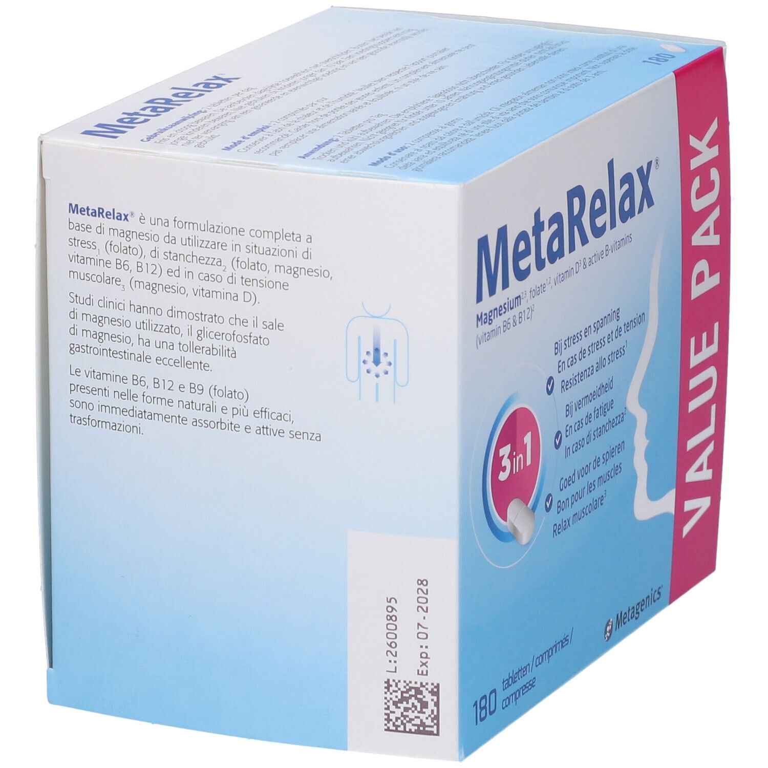 MetaRelax-Verpackung. Rückseite der Schachtel mit Produktinformationen in mehreren Sprachen. 180 Tabletten. Metagenics.