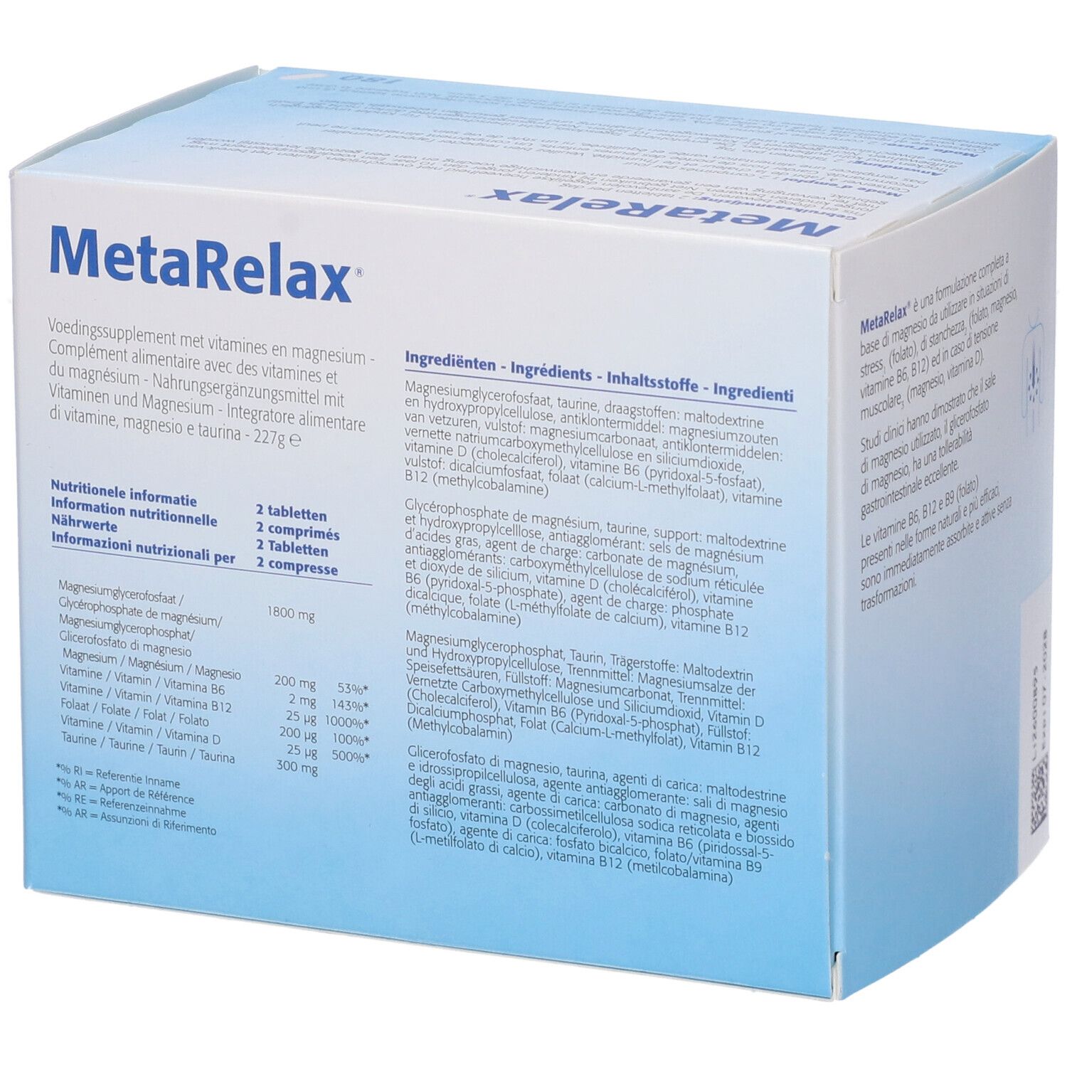 MetaRelax-Verpackung. Rückseite mit Nährwertinformationen und Inhaltsstoffen. 227g. Metagenics.