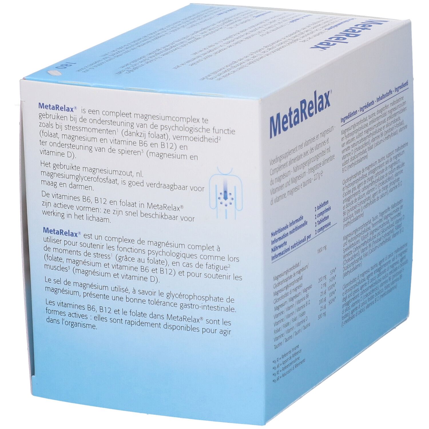 MetaRelax-Verpackung. Rückseite mit Produktinformationen in mehreren Sprachen. Metagenics.