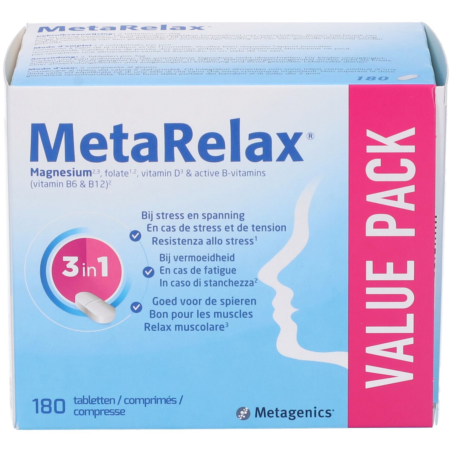 MetaRelax-Verpackung. Blaue und weiße Schachtel mit Produktnamen und Inhaltsangaben. 180 Tabletten. Metagenics-Logo.