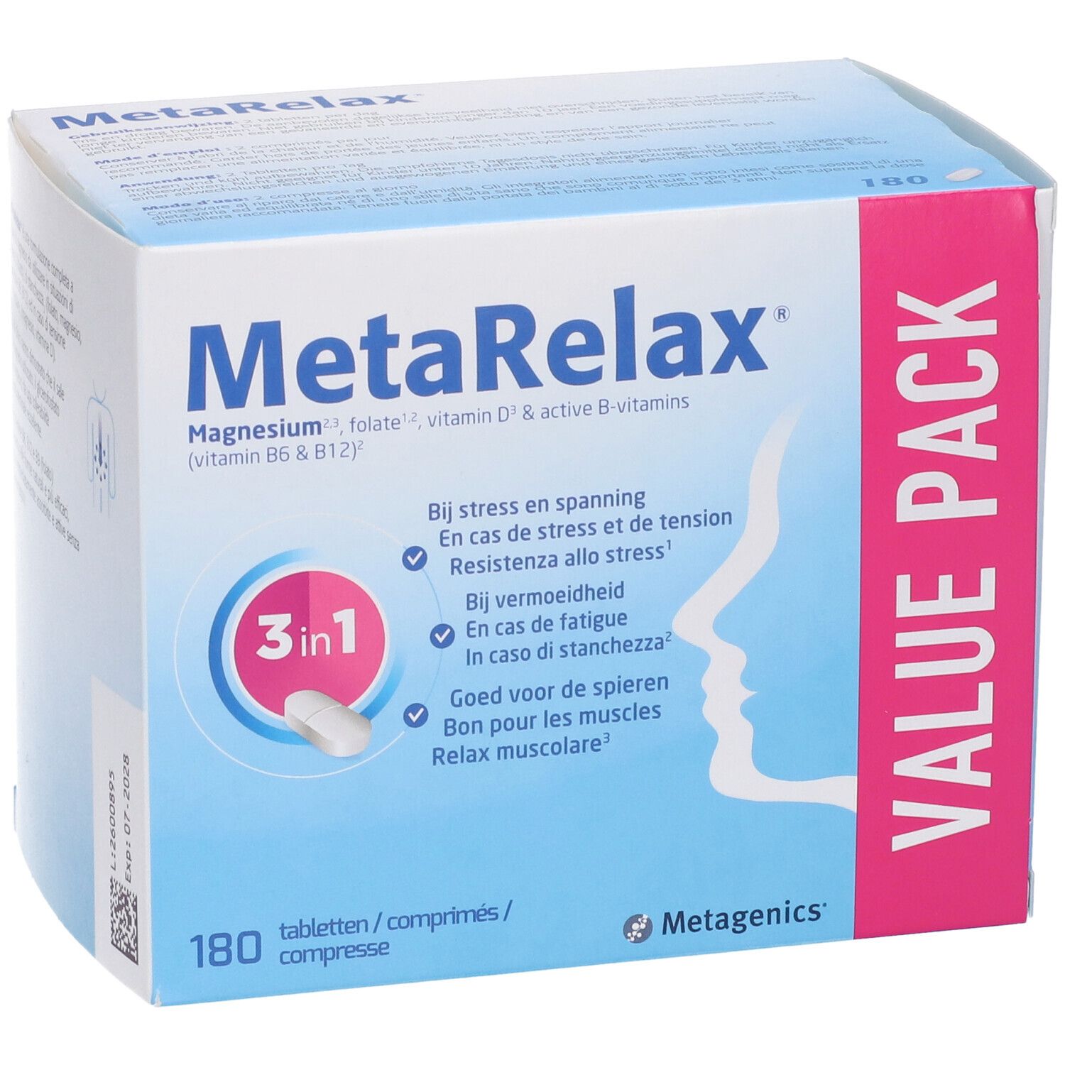 MetaRelax-Verpackung. Blaue und weiße Schachtel mit Produktnamen und Inhaltsangaben. 180 Tabletten. Metagenics-Logo.