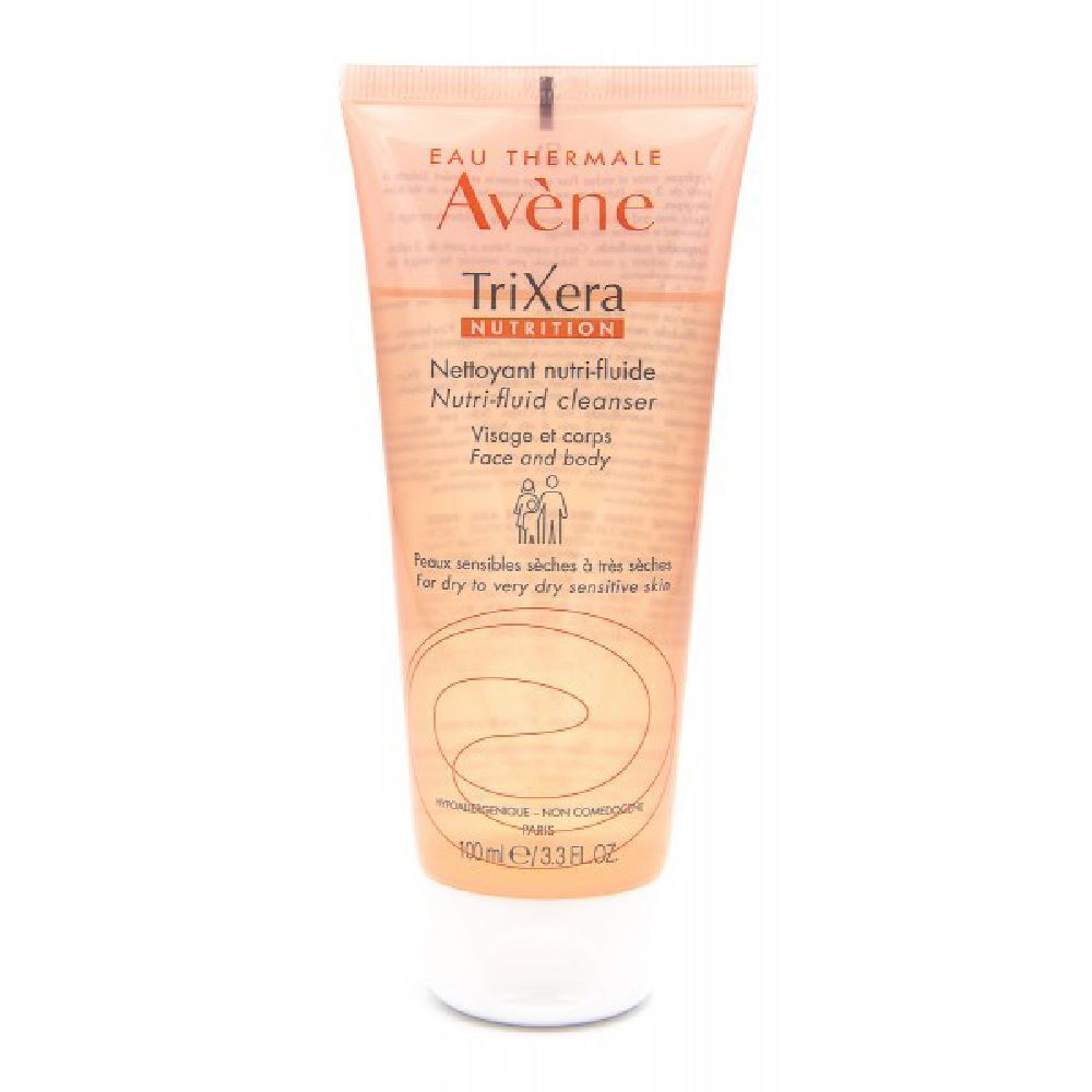 Tube rose avec texte. 'Eau Thermale Avène TriXera Nutrition'. 'Nettoyant nutri-fluide'. Pour peaux sèches, très sensibles.