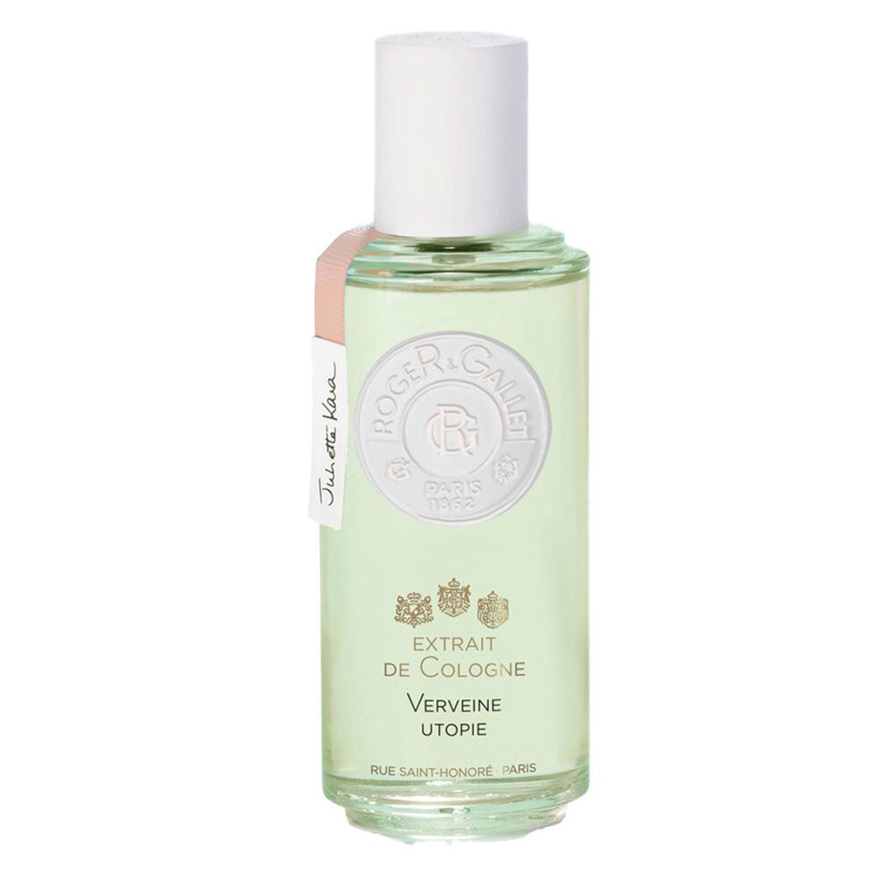 Flacon transparent avec bouchon blanc et étiquette. Inscription: Extrait de Cologne, Verveine Utopie.