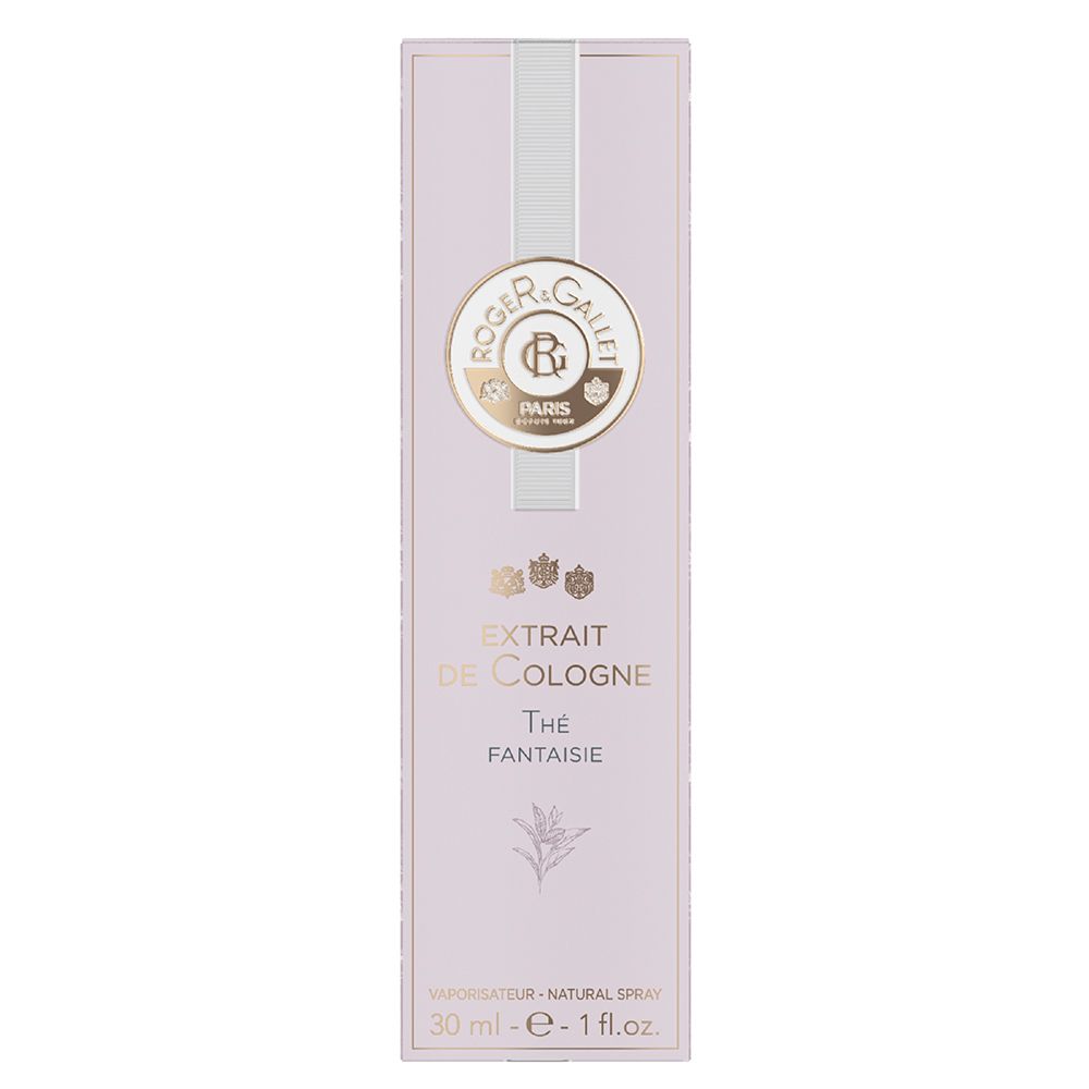 Emballage rose avec nom du produit et logo. Contient "EXTRAIT DE COLOGNE Thé Fantaisie".