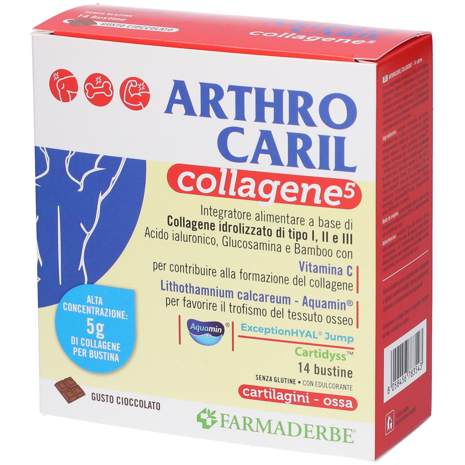 Arthrocaril Collagene 5: Packung mit 14 Beuteln, Schokoladengeschmack, 5g Kollagen pro Beutel.