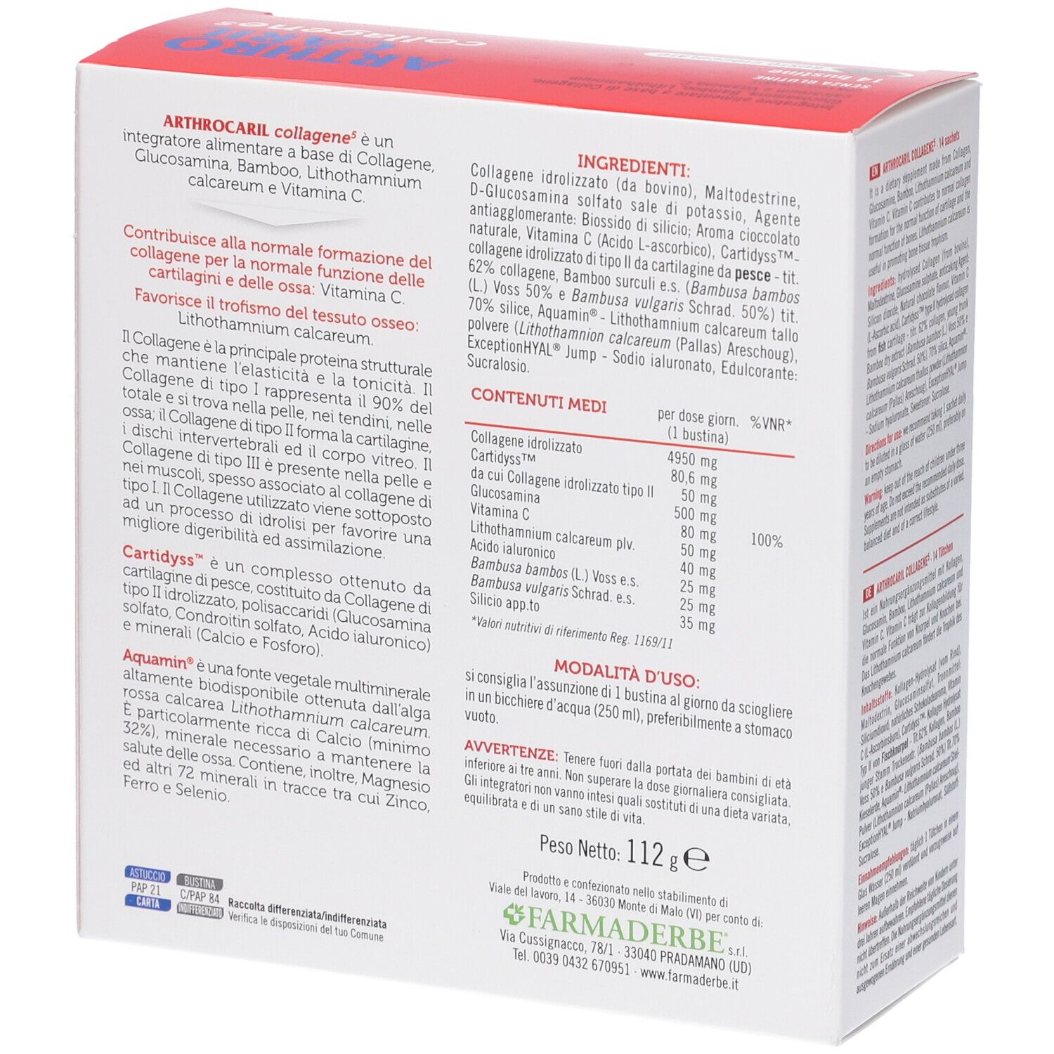 Arthrocaril Collagene 5: Seitenansicht der Packung mit Nährwertangaben und Inhaltsstoffen.
