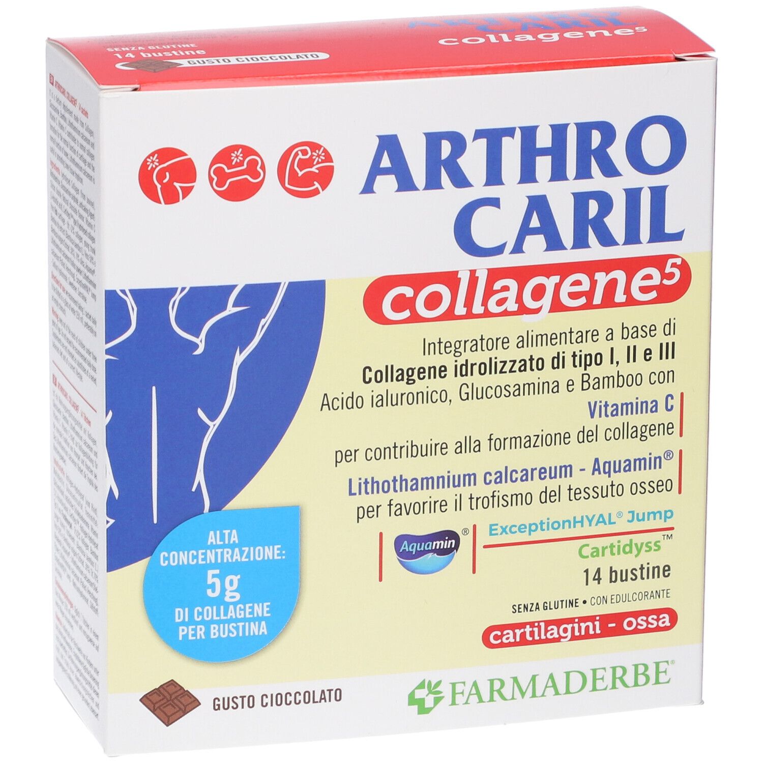 Arthrocaril Collagene 5: Packung mit 14 Beuteln, Schokoladengeschmack, 5g Kollagen pro Beutel.