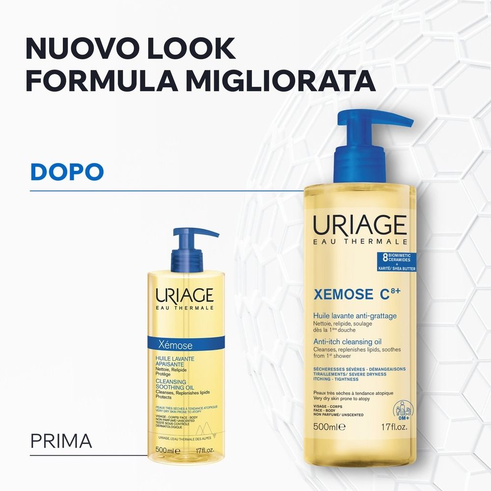 Uriage Xémose Huile Lavante Apaisante. Flacon avec pompe bleue. Dos avec informations.