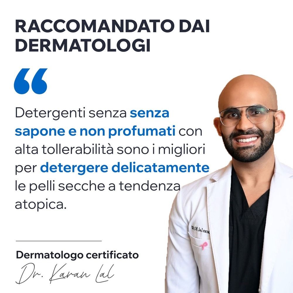 Ein Arzt mit Brille. Text: Dermatologo certificato Dr. Kavan Lal. Detergenti senza sapone e non profumati.