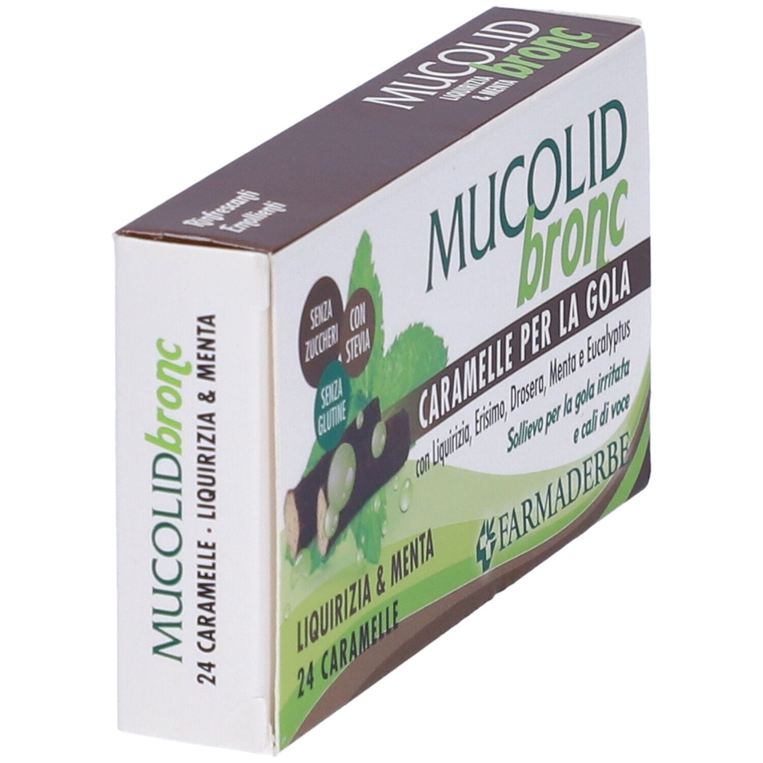 Schachtel "Mucolid Bronc"-Bonbons. Aufschrift: 24 Karamellen, Lakritz & Minze. Logo von Farmaderbe.