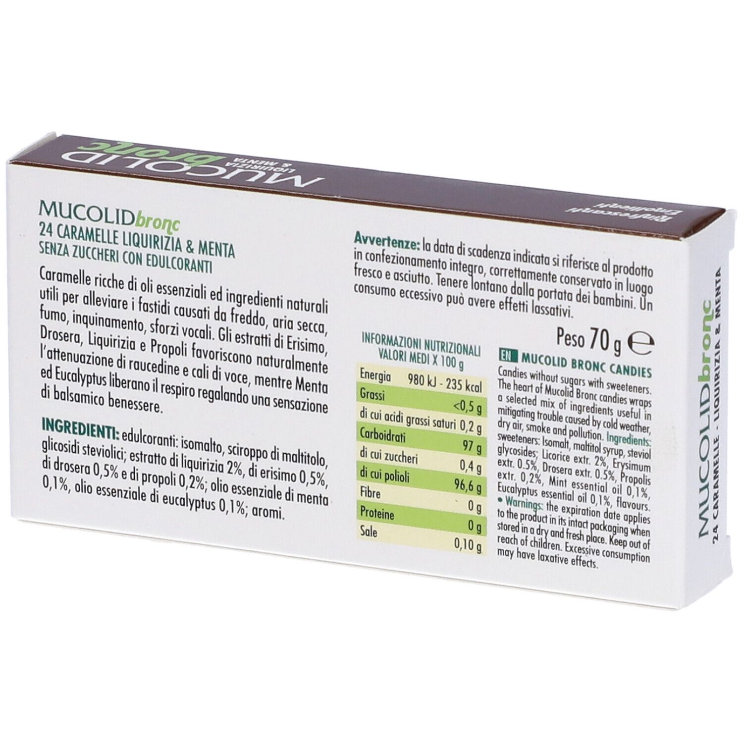 Rückseite der "Mucolid Bronc"-Bonbon-Schachtel. Enthält Nährwertangaben und Inhaltsstoffe. Gewicht: 70g.