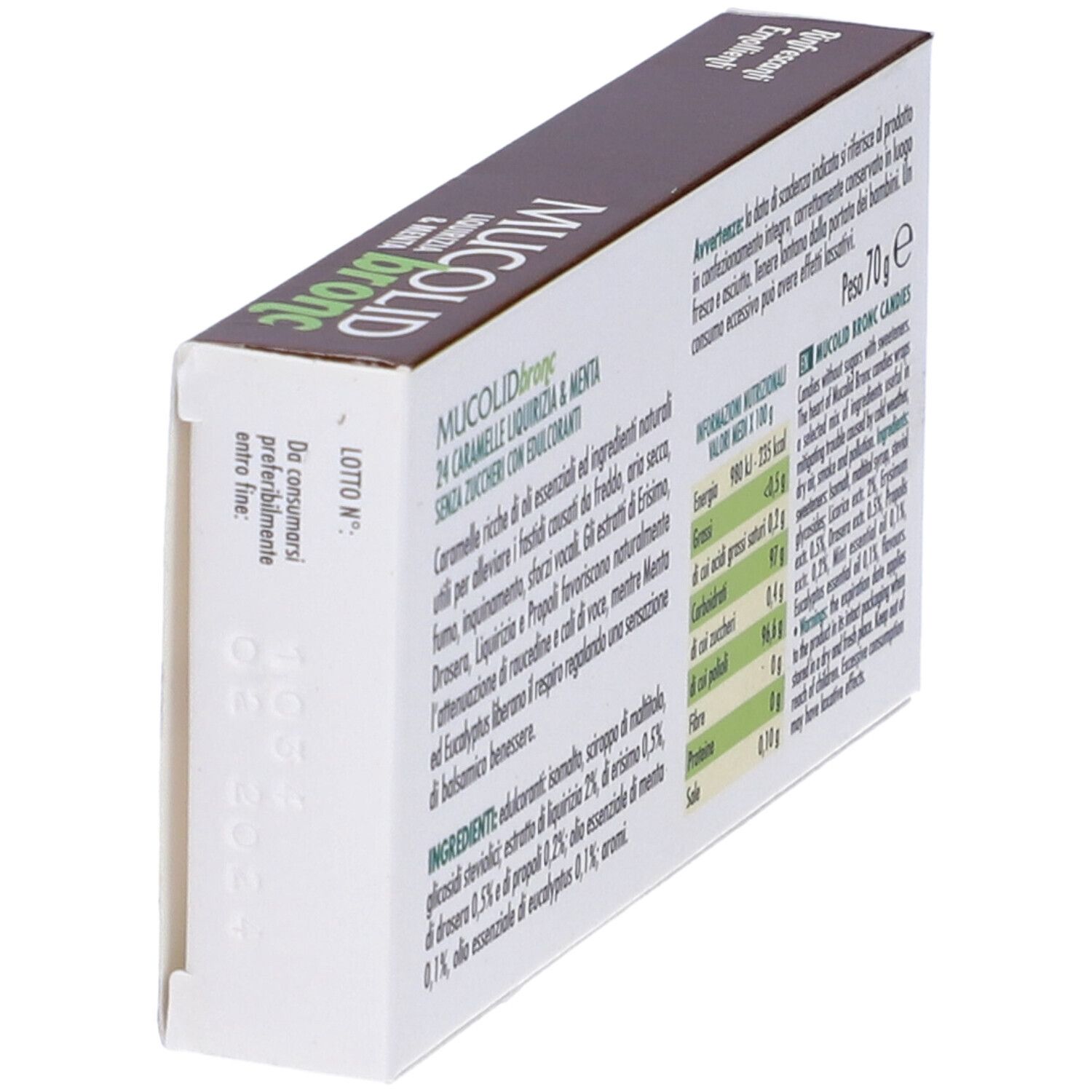 Rückseite der "Mucolid Bronc"-Bonbon-Schachtel. Enthält Informationen und ein Mindesthaltbarkeitsdatum.