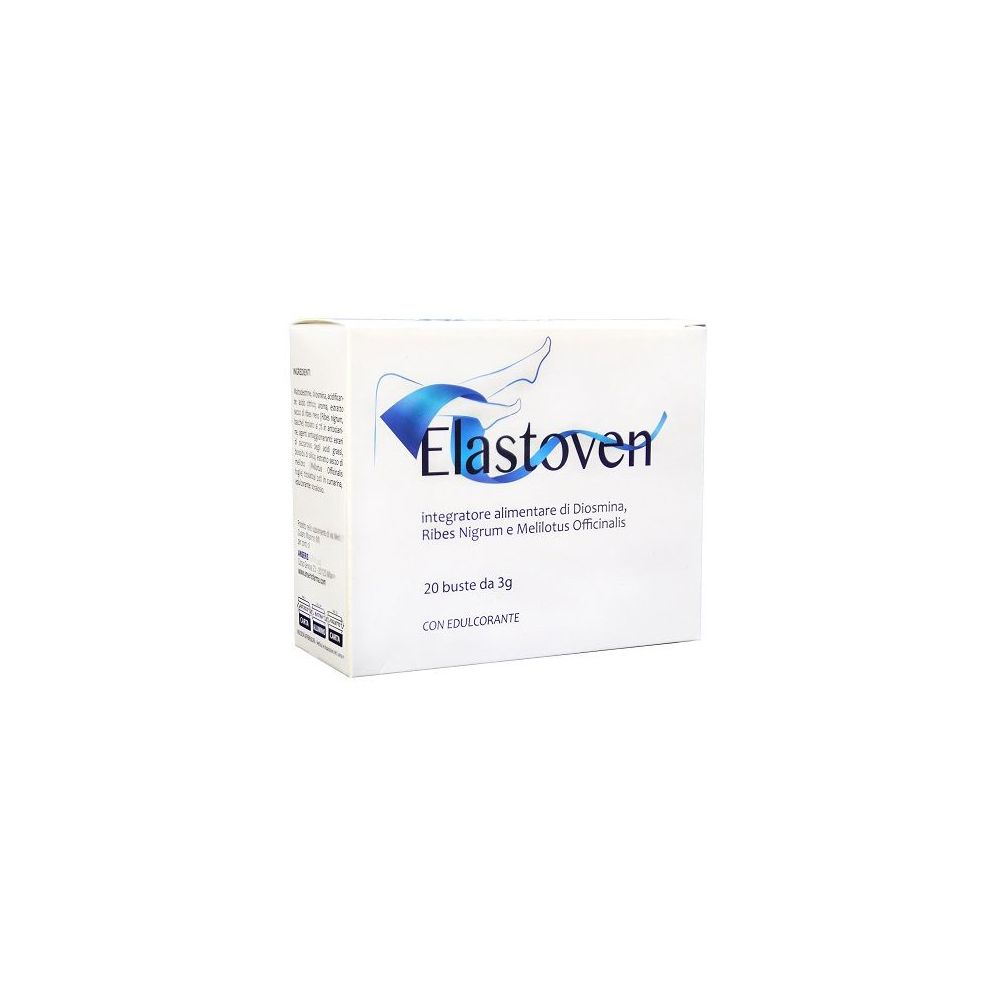 Boîte de produit Elastoven. 20 sachets de 3g. Inscription: Integratore alimentare di Diosmina, Ribes Nigrum e Melilotus Officinalis.